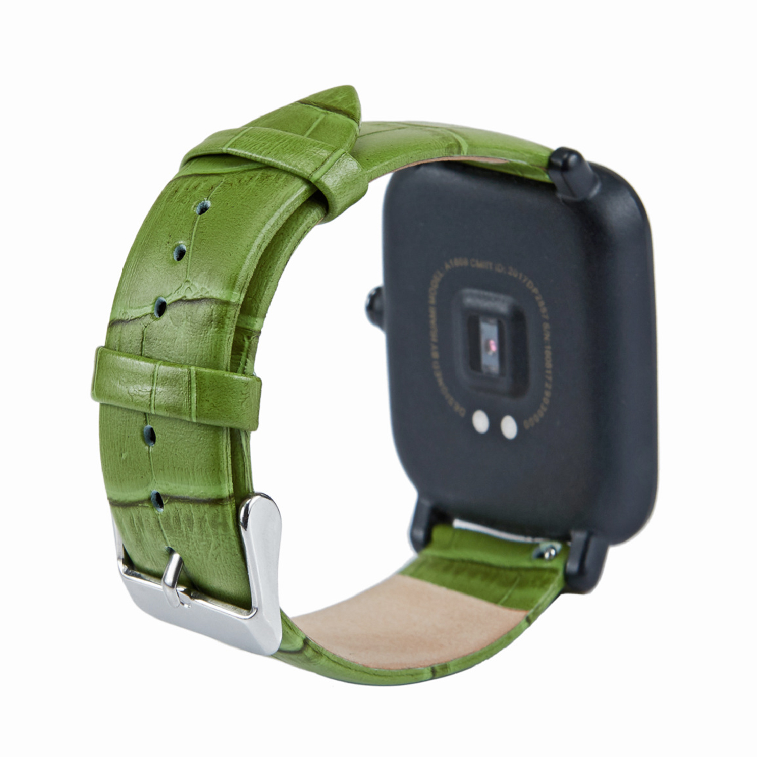 Correa de reloj de cuero verde unida a un reloj inteligente negro. El reloj está sobre un fondo blanco.