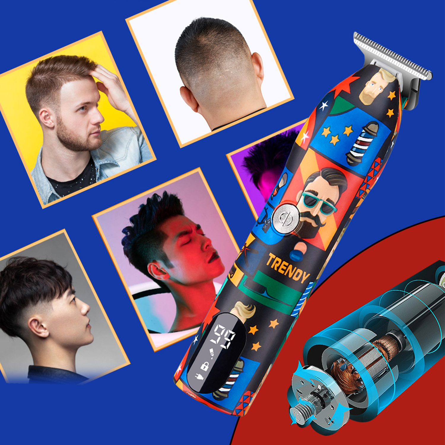 Elektrischer Haartrimmer mit mehreren Frisuren-Bildern. Blauer und roter Hintergrund mit Design und Text.