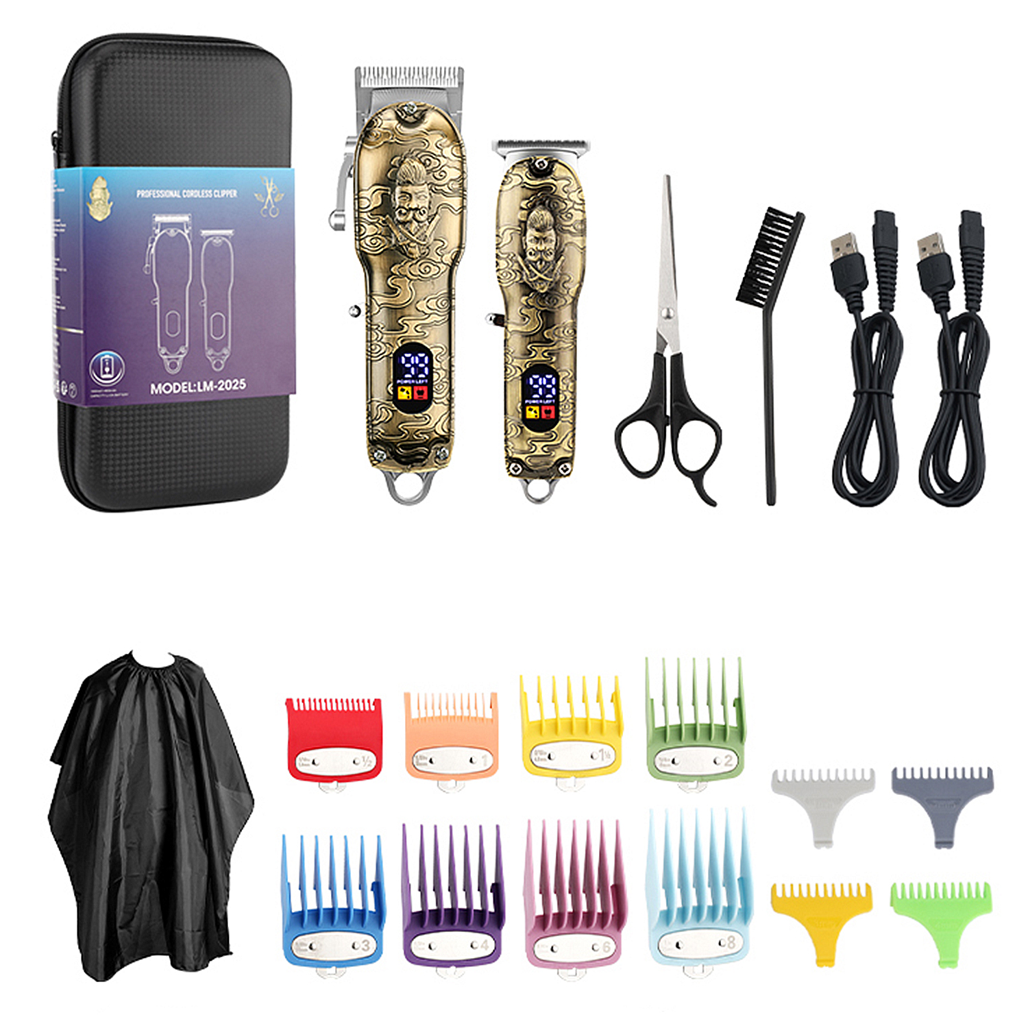 Friseur-Set mit Schermaschine, Schere, Kämmen, Umhängen und Ladegeräten. Zubehör enthalten.