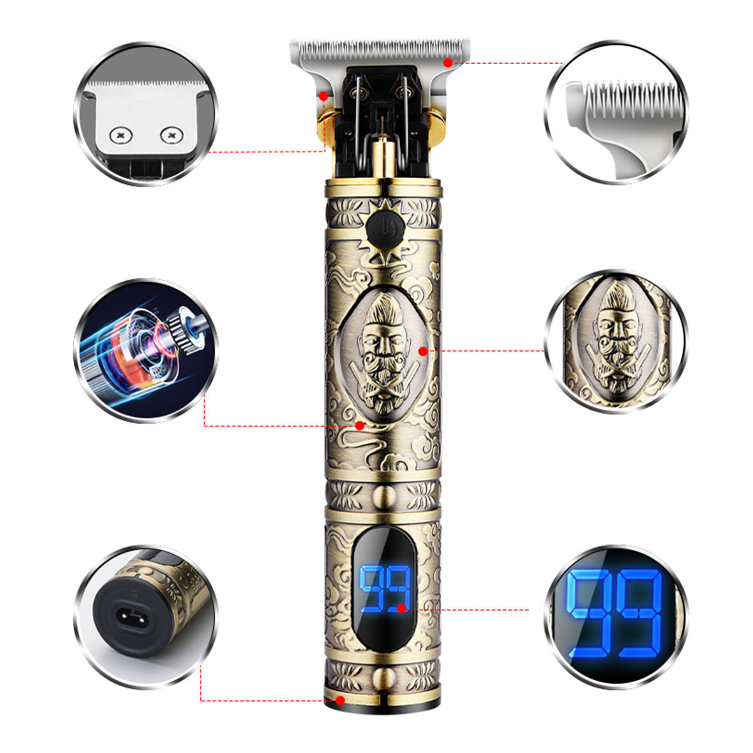 Recortadora de pelo dorada y bronce. Tiene pantalla digital y accesorios.