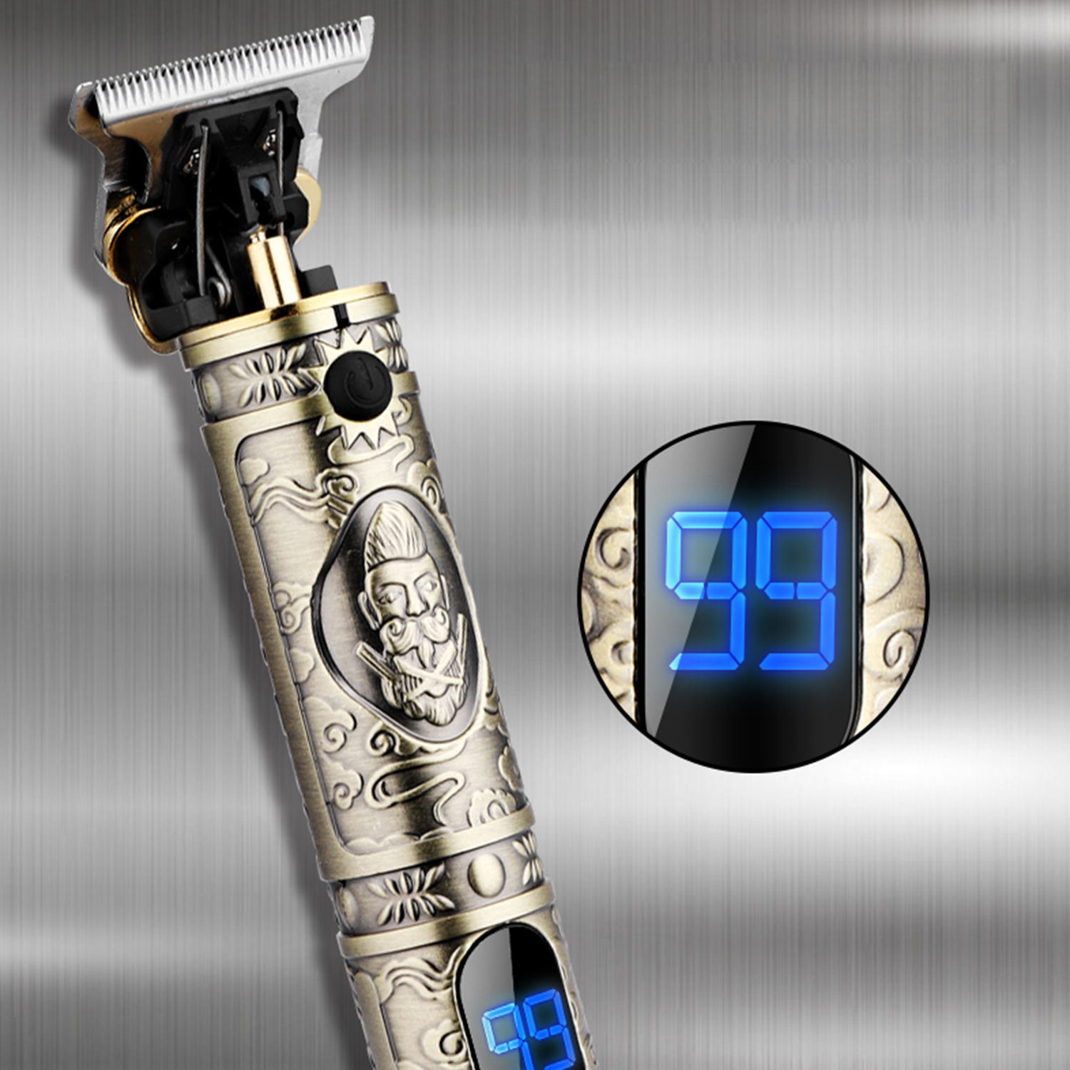 Una recortadora de barba con un diseño detallado, una pantalla digital y un primer plano de la cuchilla.