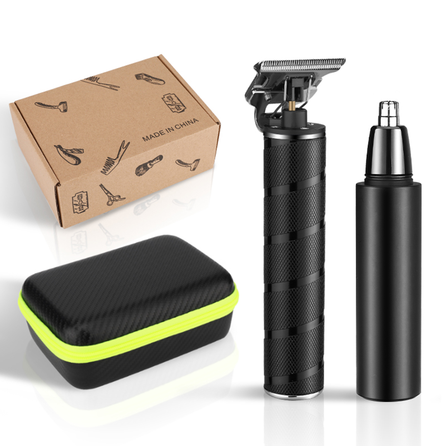 Kit de aseo con recortadora, recortadora de vello nasal y caja, todo en negro y marrón, sobre superficie blanca.