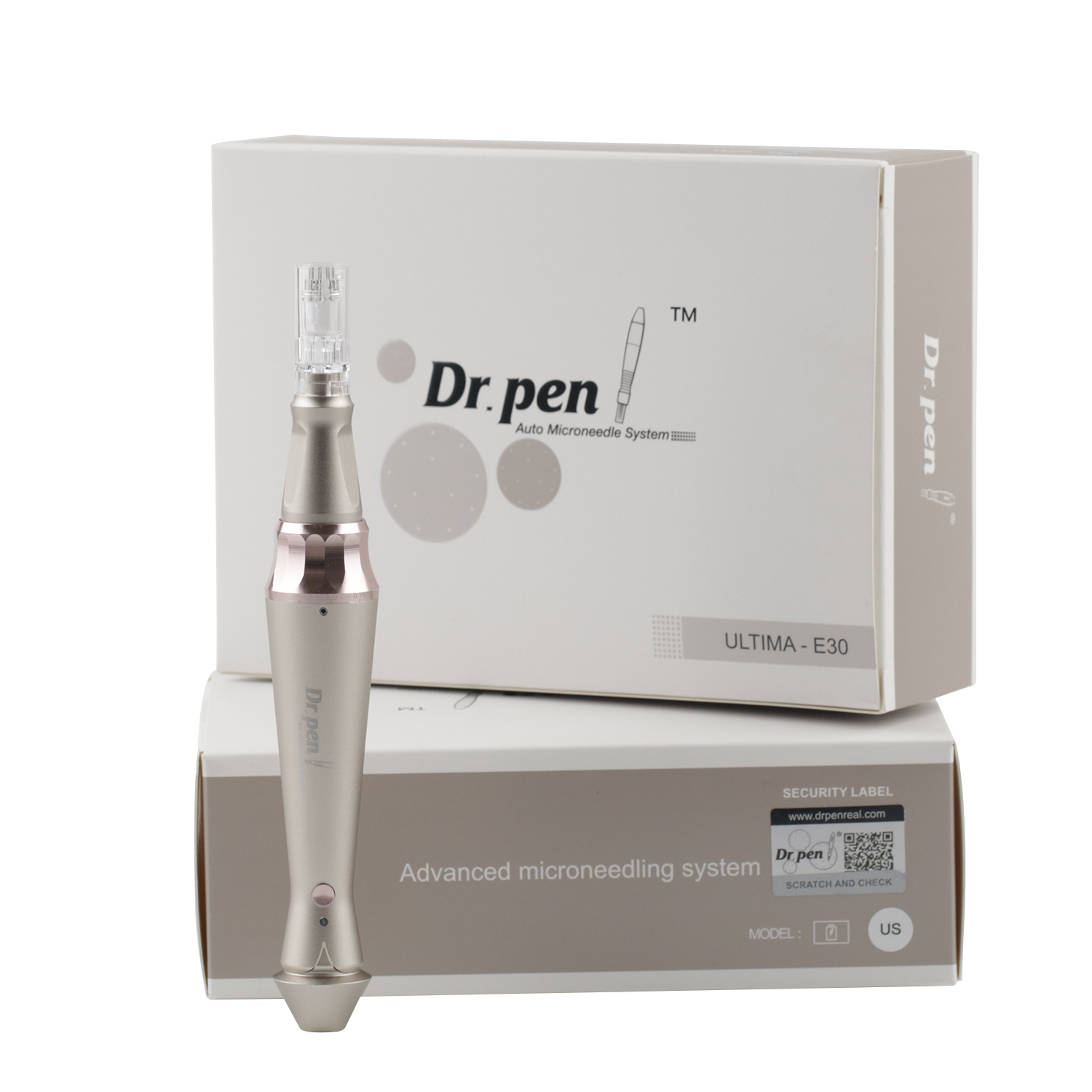 Dispositivo de microagujas con una caja, etiquetado como 'Dr. Pen'. El bolígrafo es plateado y rosa.