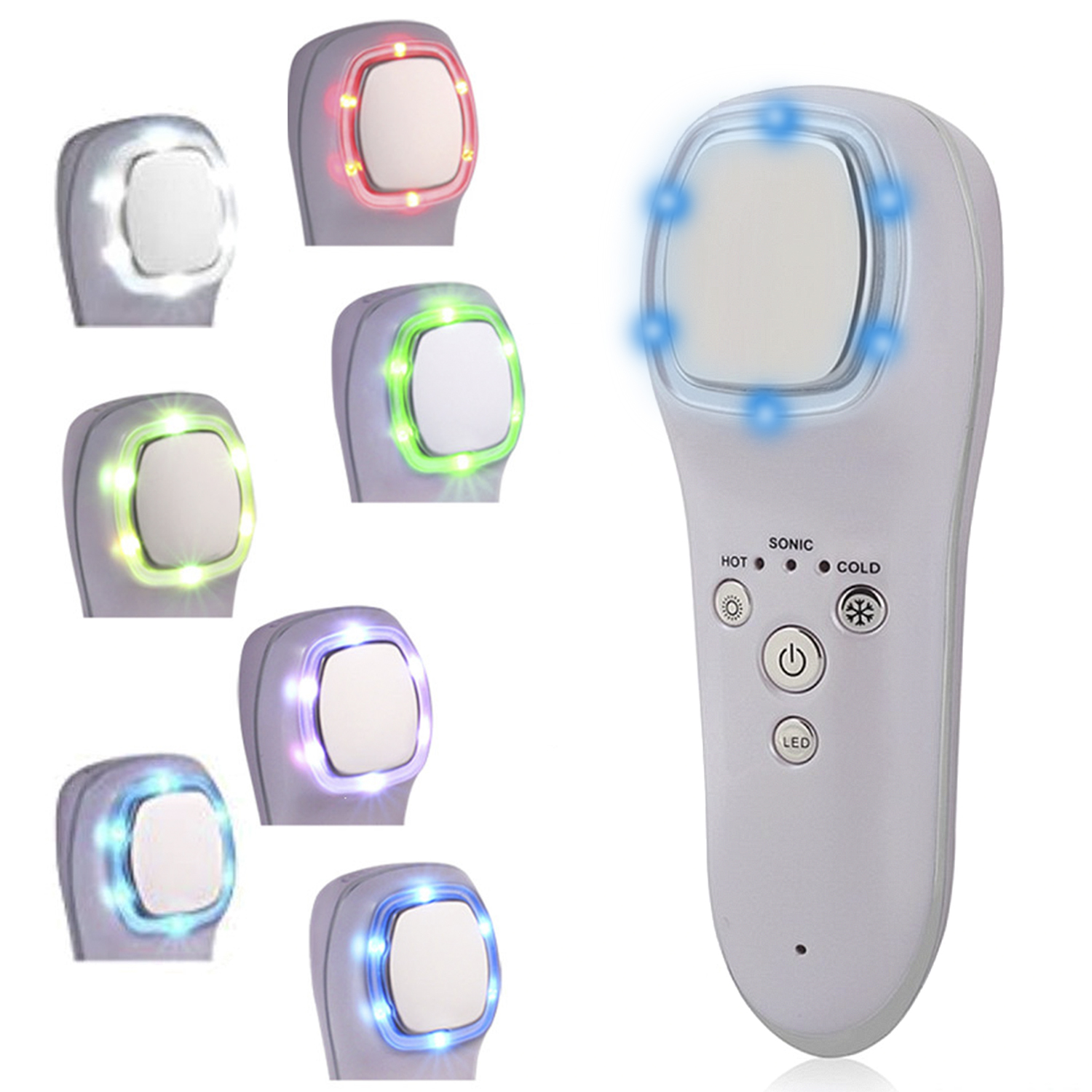 Un dispositivo de belleza blanco con múltiples opciones de luz. Se muestran luces de diferentes colores en el dispositivo.