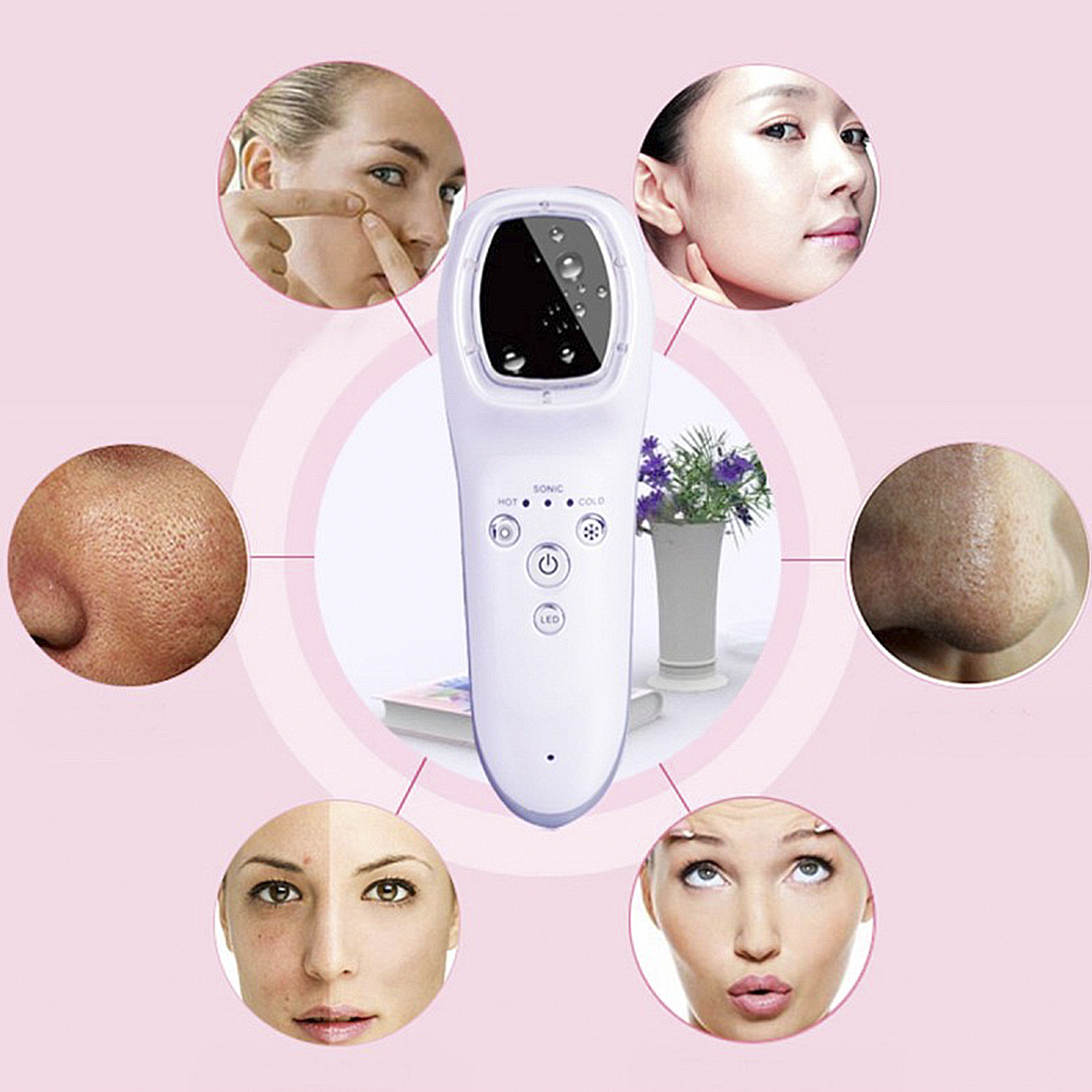 Dispositivo blanco para tratamiento facial. Rodeado de imágenes de rostros y detalles de piel.