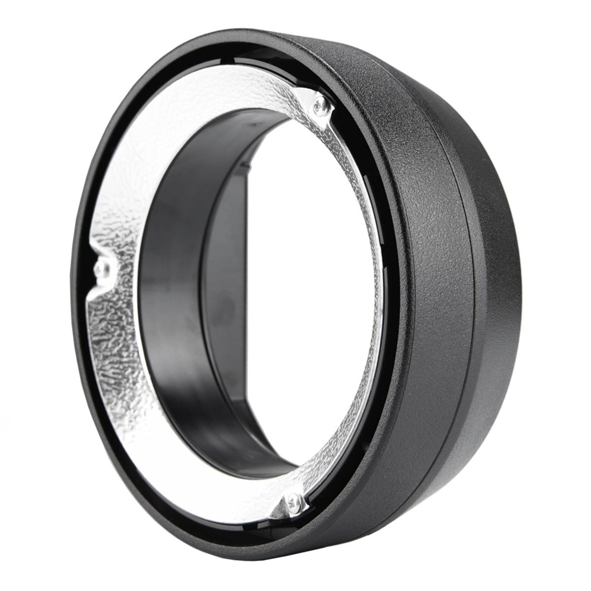 Flash ad anello per fotocamera. Nero e argento, forma circolare con interno lucido.