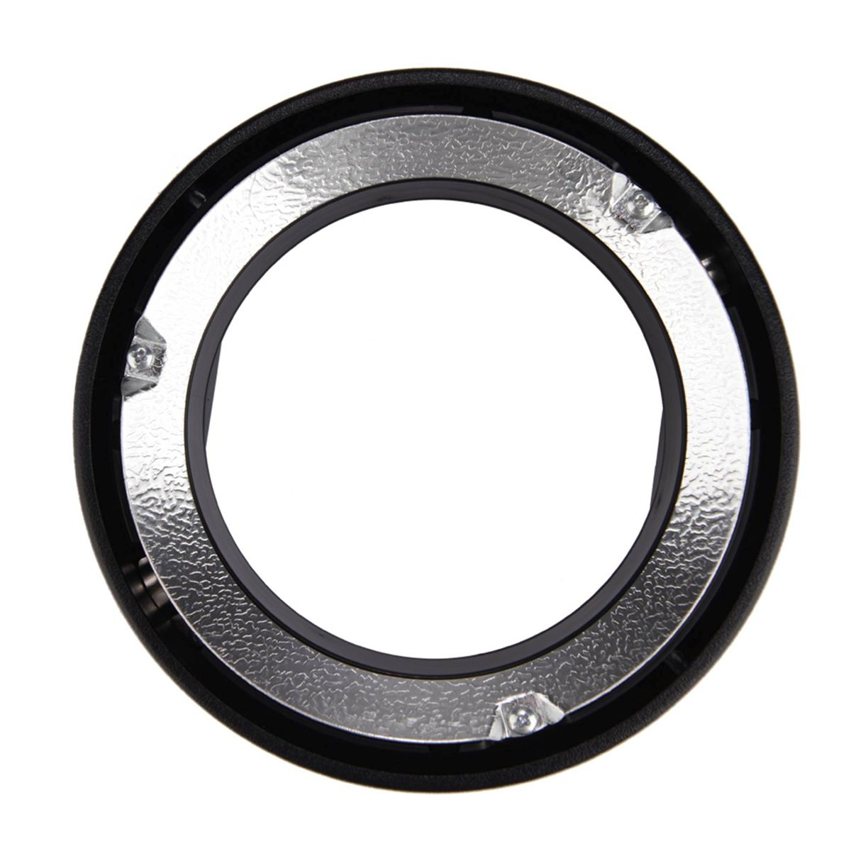 Anello luminoso nero con interno argentato, progettato per la fotografia o la registrazione video.