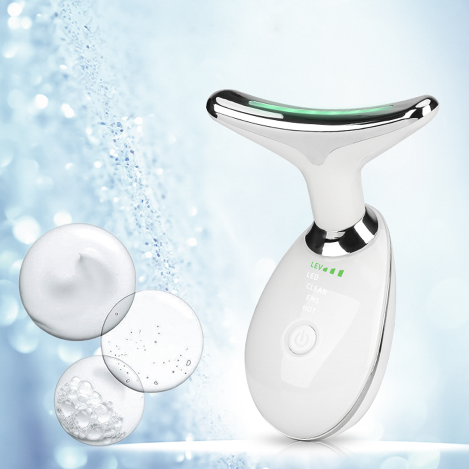 Un dispositivo bianco per la cura della pelle del viso con tre trattamenti cosmetici e bolle d'acqua.