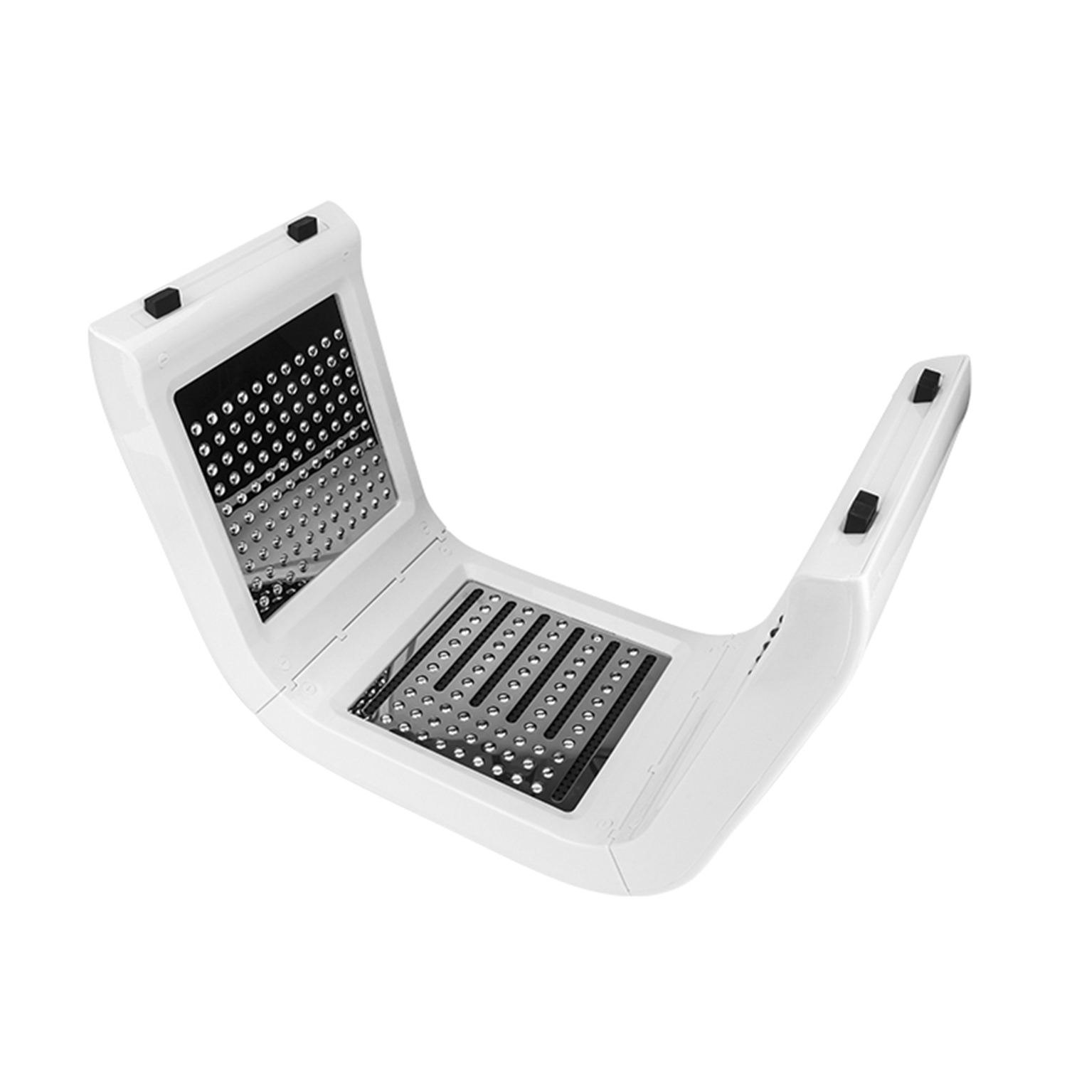 Ein weißes Gesichtsmassagegerät mit schwarzer Mesh-Oberfläche, in U-Form.