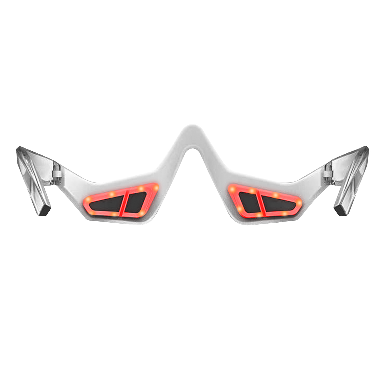 Weiße und transparente Brille mit roten Lichtern, entworfen für den Nasenrücken.