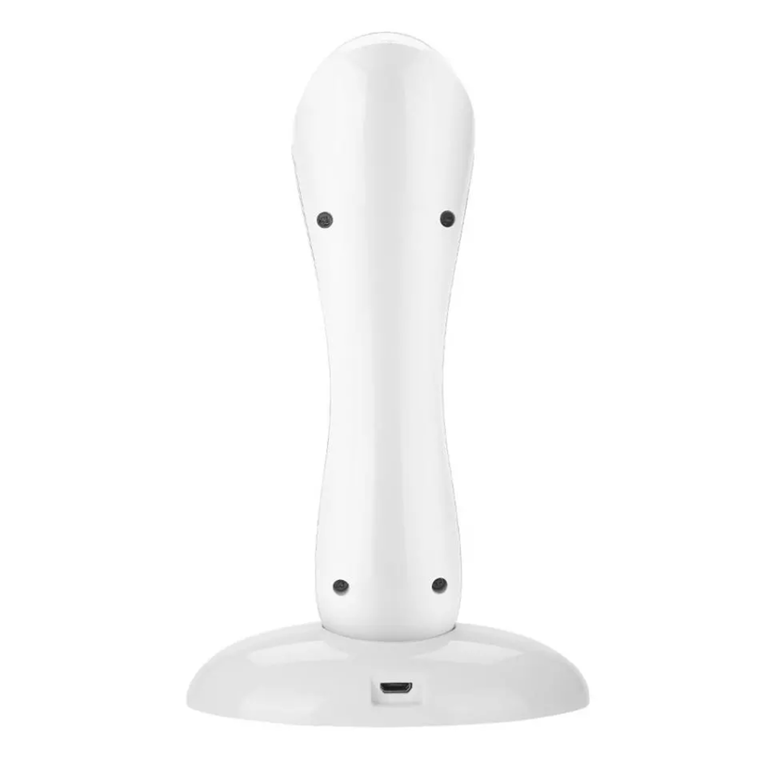Weiße Nagellampe mit rundem Sockel, hohem, gebogenem Körper und kleinem USB-Anschluss.