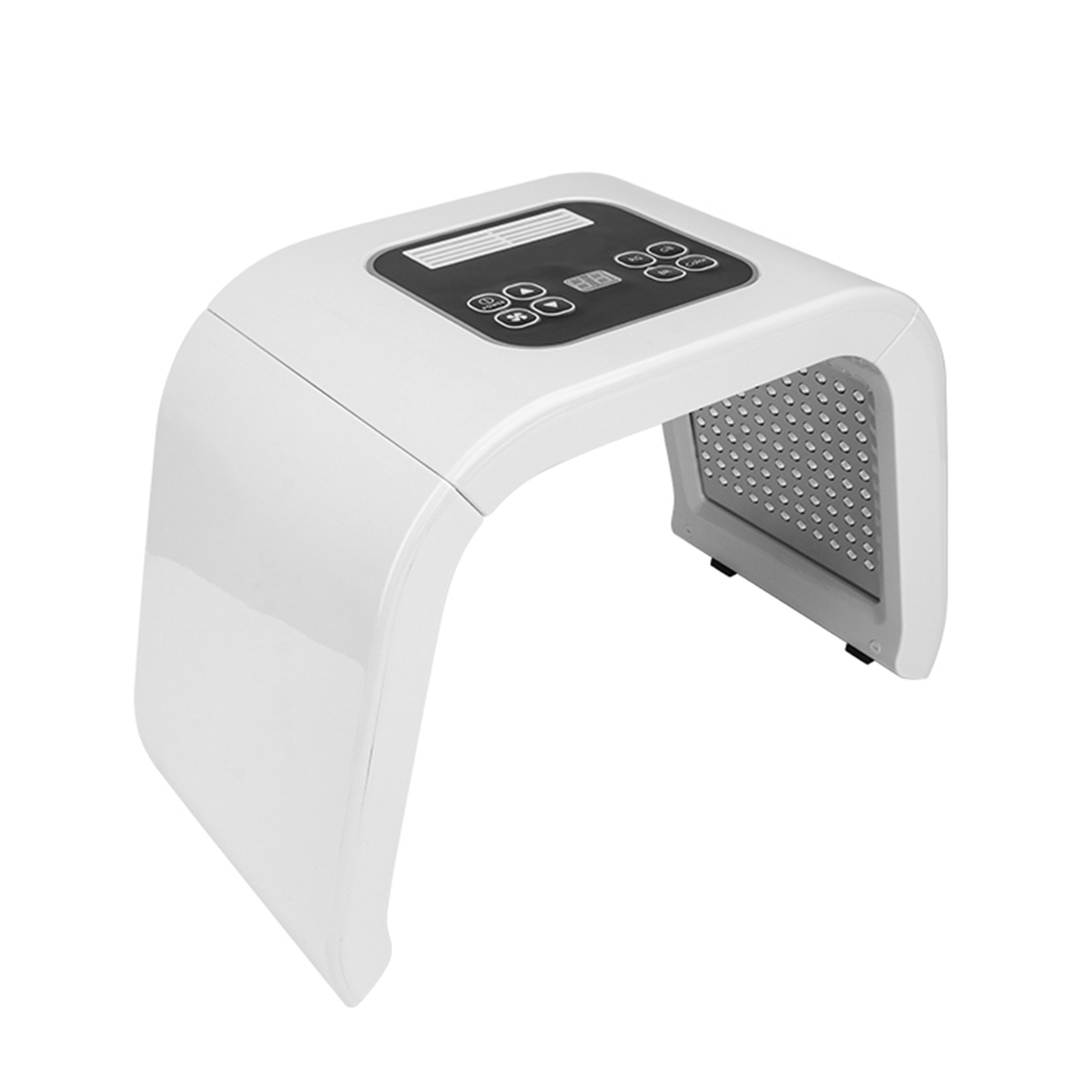 Ein weißes LED-Lichttherapiegerät. Es hat ein gebogenes Design und ein Bedienfeld.