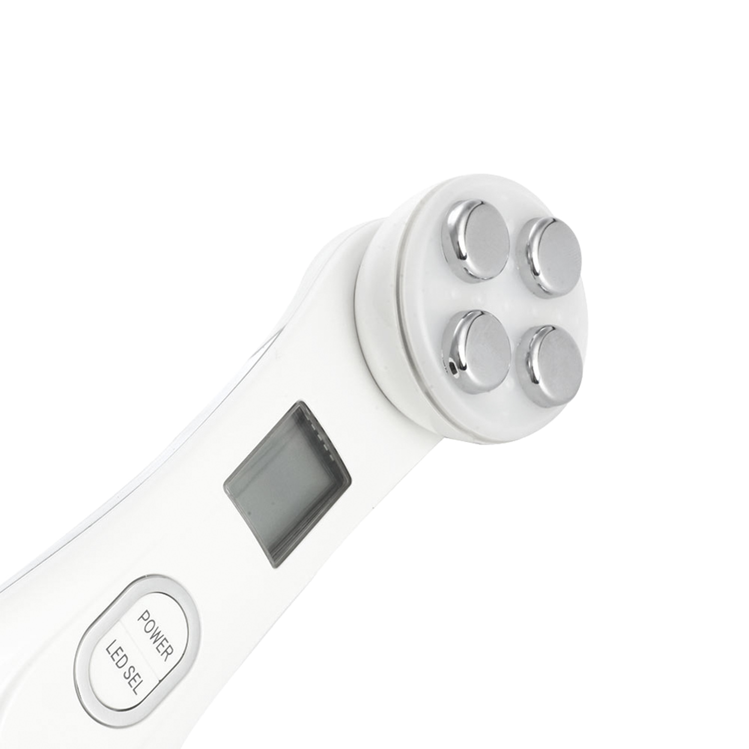 Dispositivo de belleza facial blanco con cuatro cabezales plateados y una pequeña pantalla, sobre blanco.