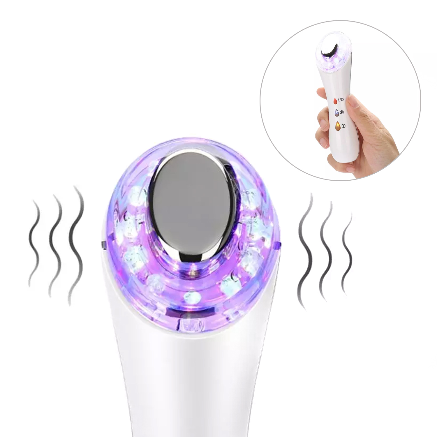 Ein weißes Gerät, das violettes Licht aussendet, mit einer Hand, die ein kleineres Gerät hält. Wellenlinien deuten auf Energie hin.