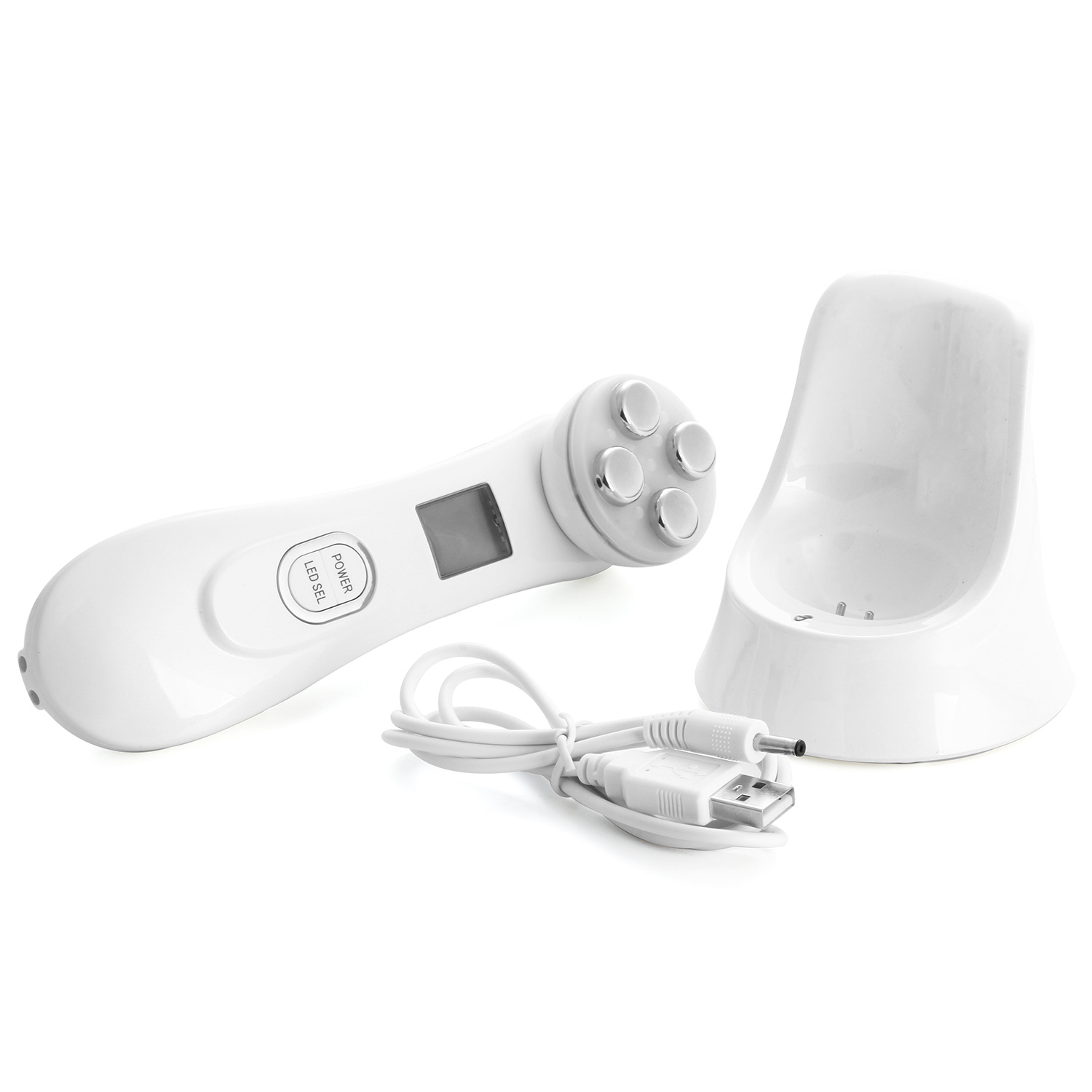 Dispositivo blanco de tratamiento facial con base de carga y cable USB. Se ven botones y una pequeña pantalla.