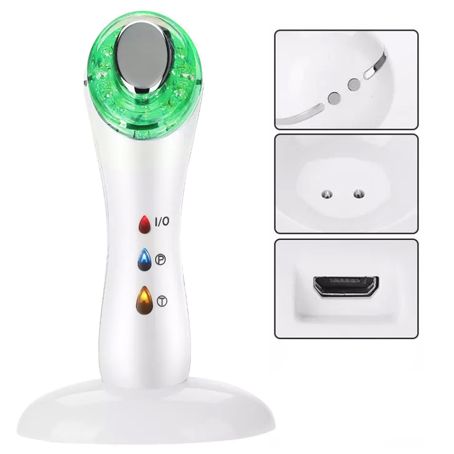 Ein weißes Gerät mit grünen und blauen Lichtern, Ladestation und USB-Anschluss.