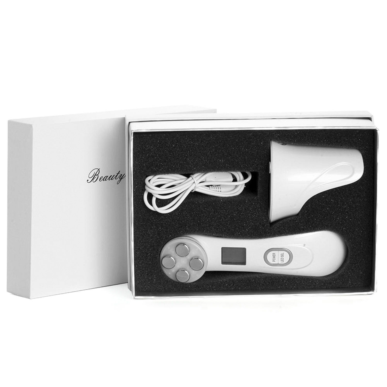 Caja blanca con un dispositivo de belleza. El dispositivo es blanco y tiene múltiples cabezales y una pantalla.