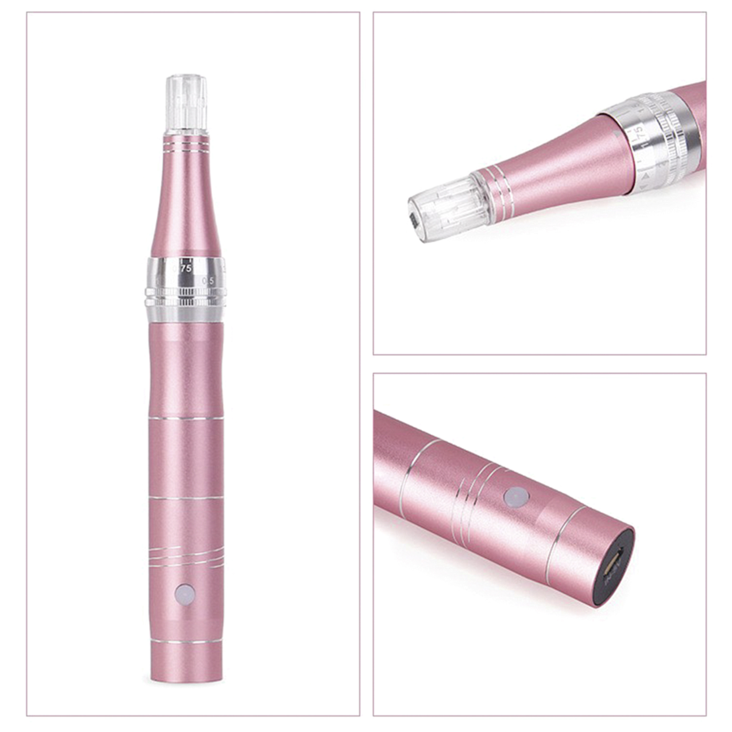 Rosa Dermapen mit Nahaufnahmen, die Nadeldetails und den Einschaltknopf zeigen.