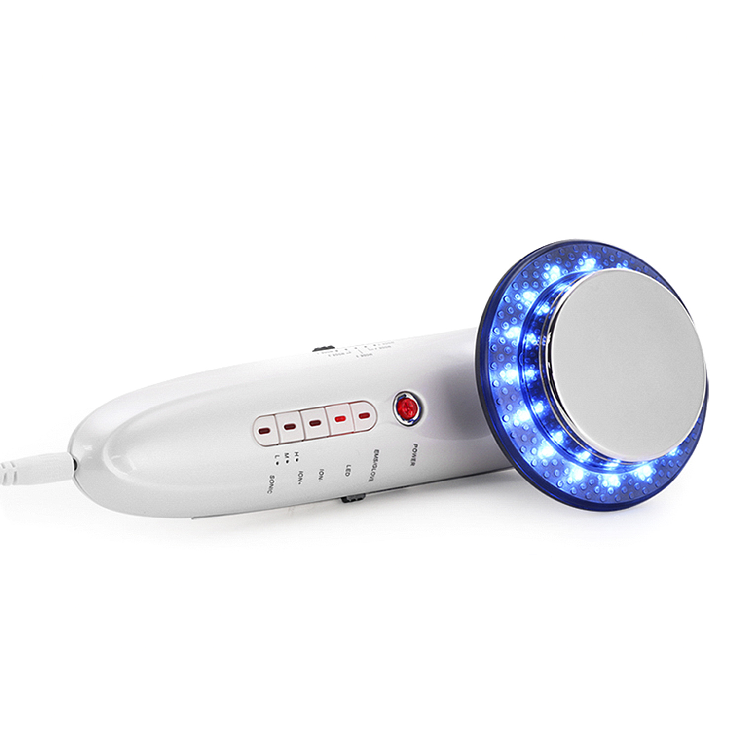 Un dispositivo de belleza blanco con luces azules, para tratamiento de la piel, sobre fondo blanco.