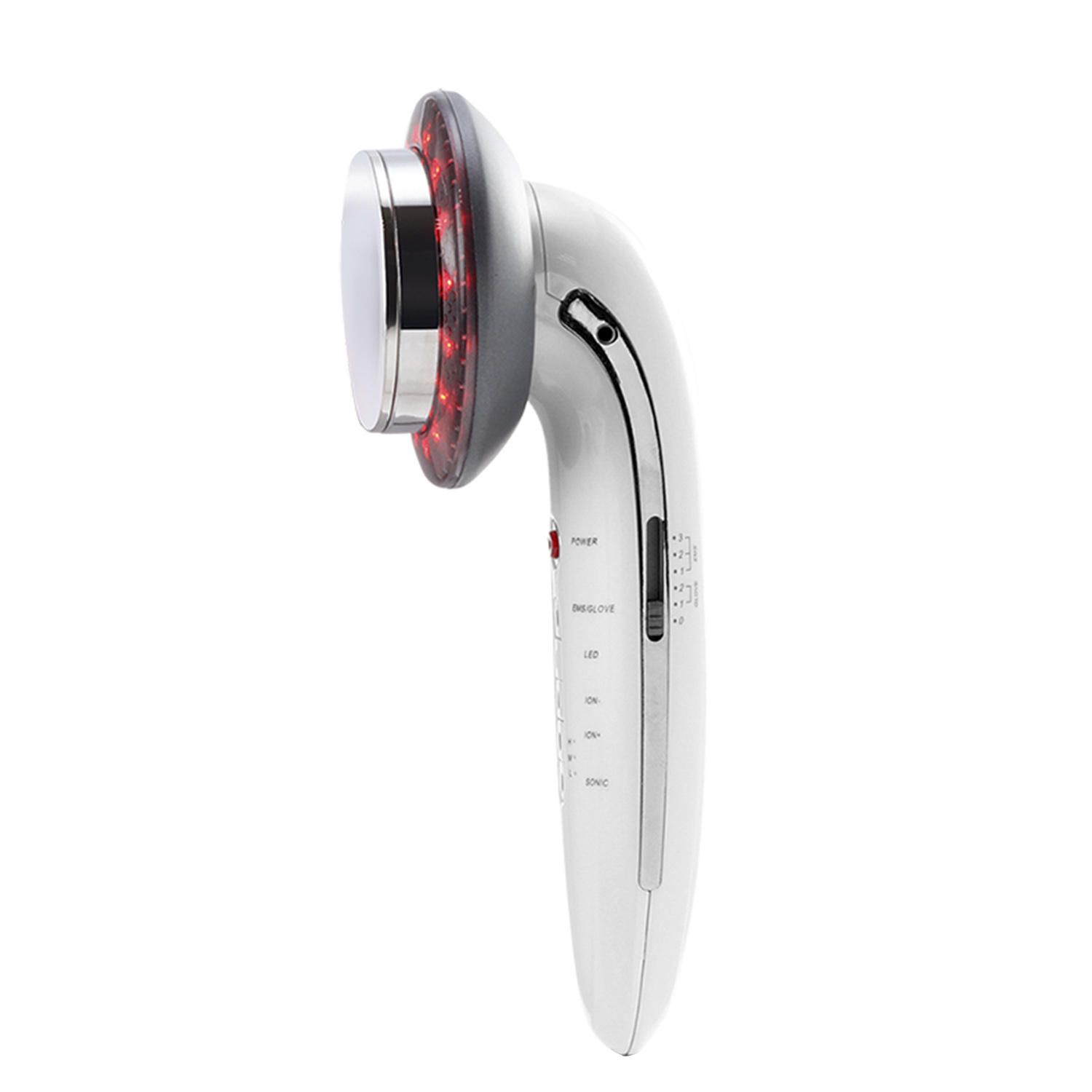 Dispositivo de belleza blanco y gris con luz roja, múltiples botones y cabezal plateado.