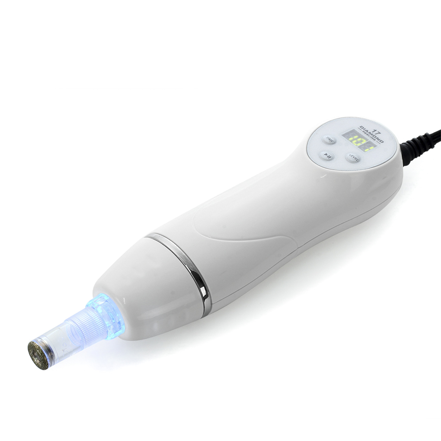 Weißes Gerät zur Mikrodermabrasion. Mit Digitalanzeige und blauem Licht.