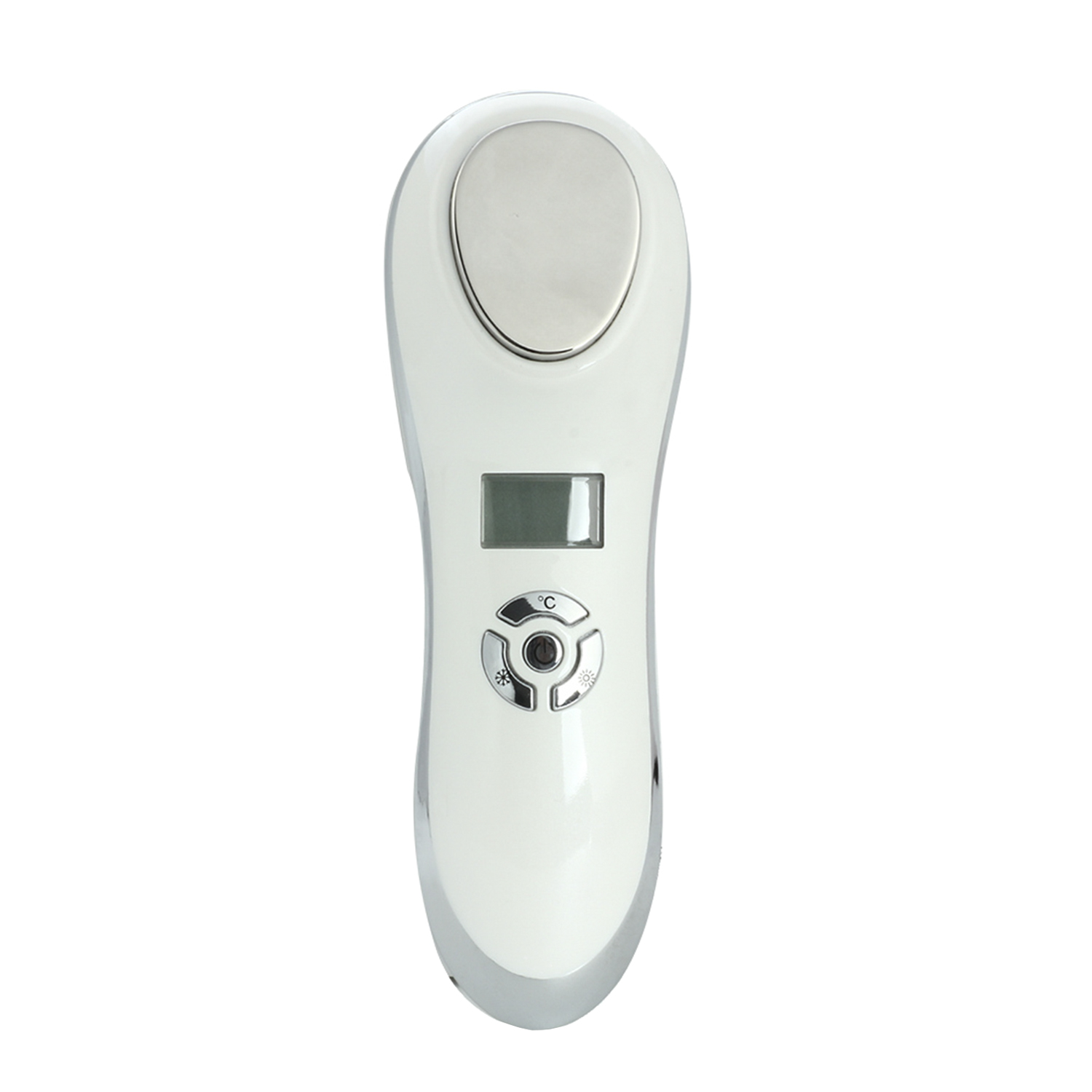 Un dispositivo facial blanco con una cabeza plateada. Tiene una pantalla pequeña y botones de control.