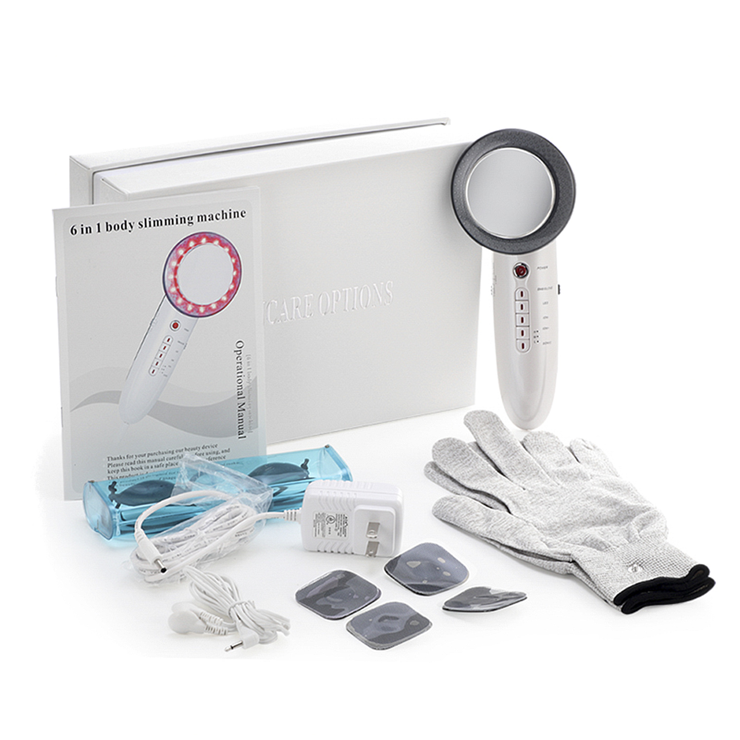 Una caja blanca con dispositivo de belleza y accesorios, incluyendo un manual y guantes.