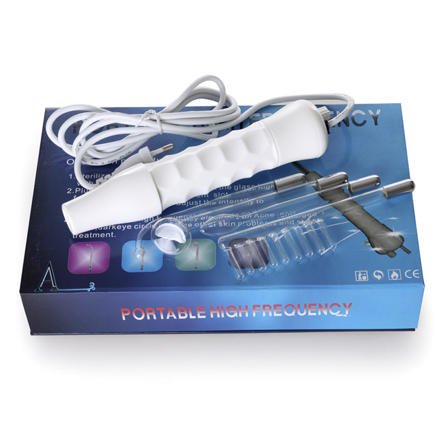 Un dispositivo de alta frecuencia blanco con una caja. La caja tiene texto y el dispositivo accesorios.