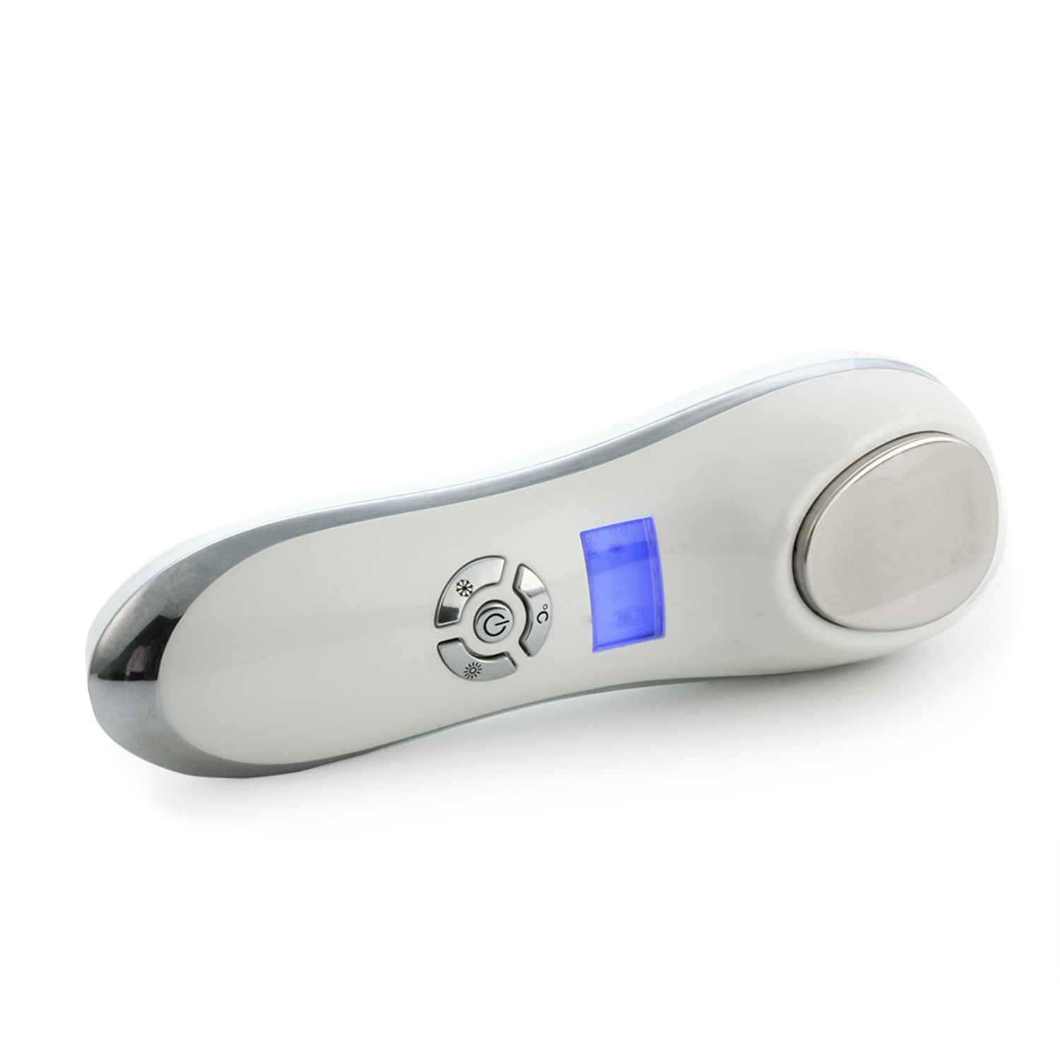 Dispositivo de belleza blanco y plateado. Tiene botones y una pantalla de luz azul.