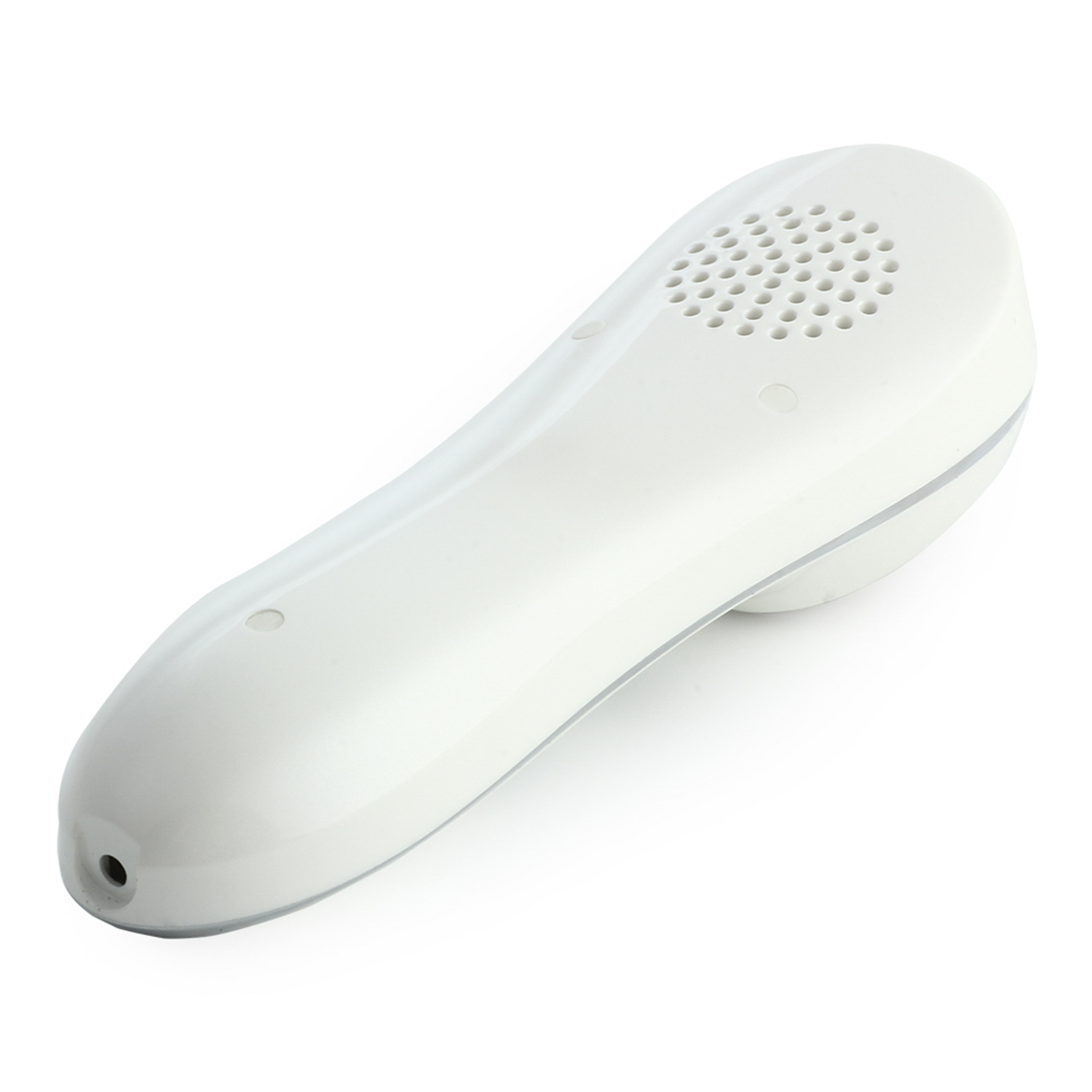 Un auricular de teléfono blanco con altavoz y un agujero.