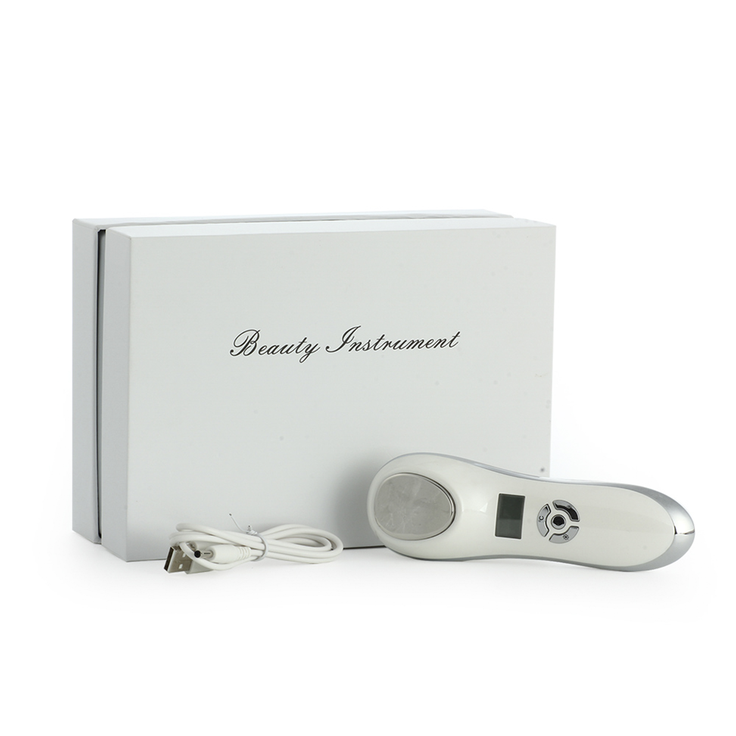 Instrumento de belleza blanco, con caja «Beauty Instrument» y cable de carga.