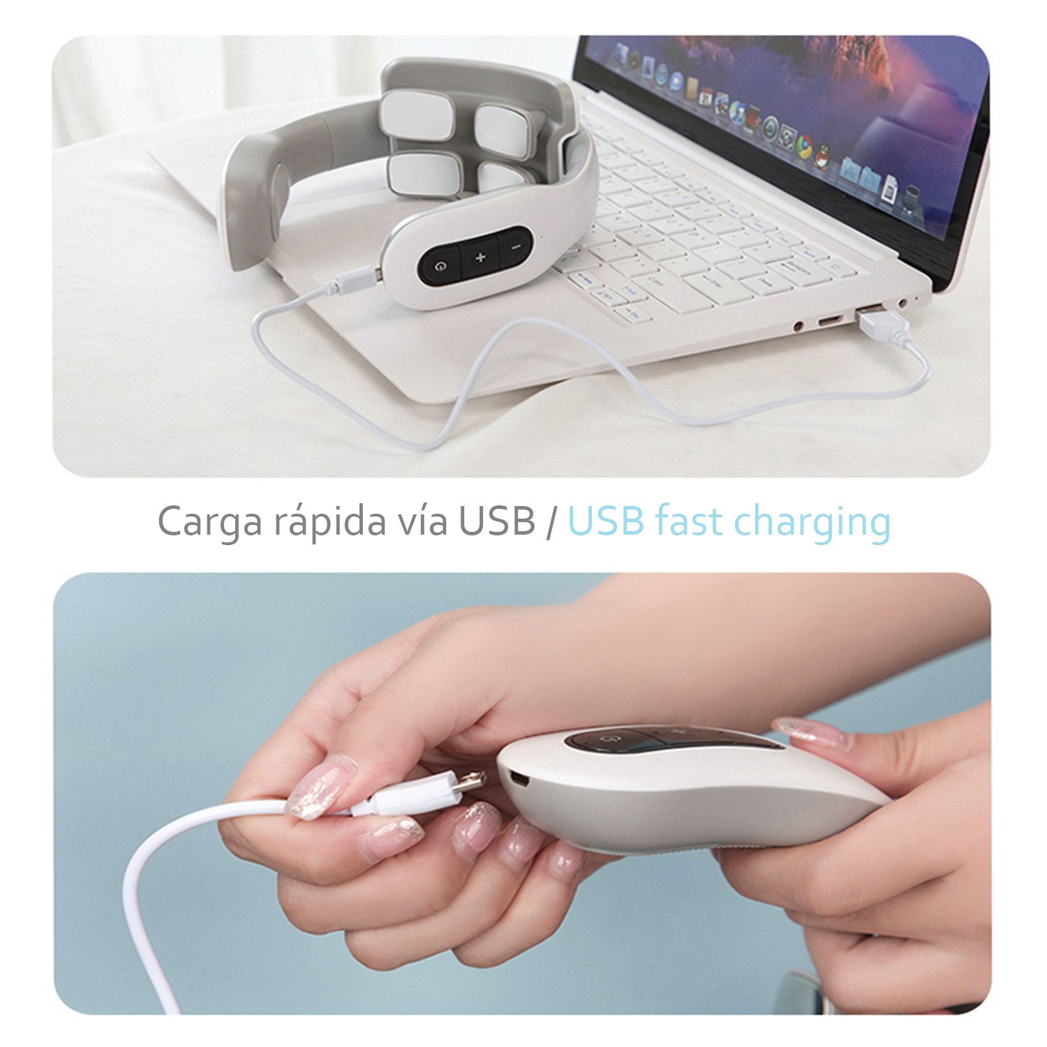 Ein Nackenmassagegerät liegt auf einem Laptop. Eine Hand steckt ein USB-Kabel in eine Steuerung.