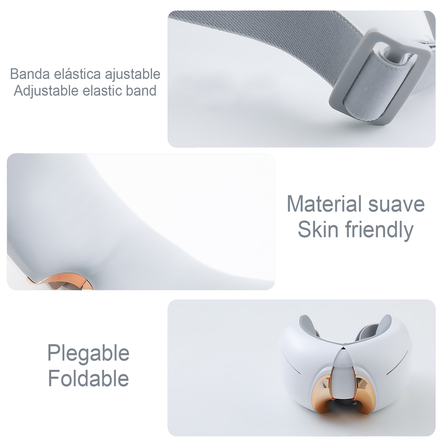 Masajeador de cuello blanco. Primeros planos: correa ajustable, material agradable a la piel y diseño plegable.