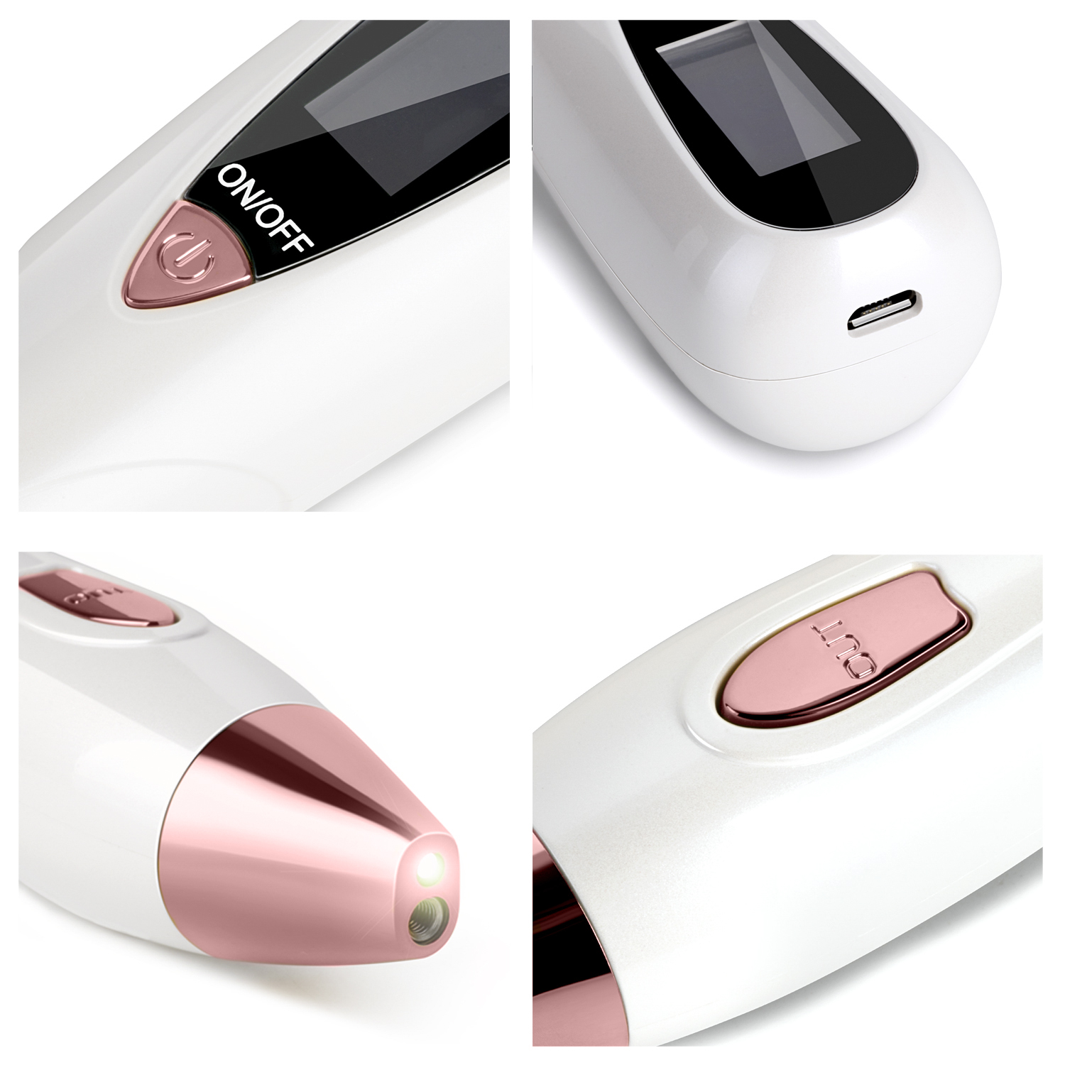 Nahaufnahme eines Hautanhänger-Entfernungsgeräts. Zeigt Ein/Aus-Taste, USB-Anschluss, Laser.