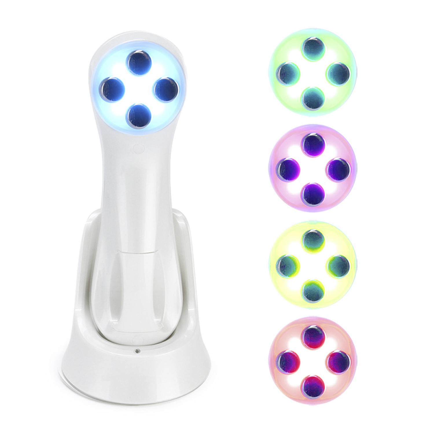 Weißes Gesichtsgerät mit blauen, grünen, rosa und gelben LED-Leuchten. Es steht auf einem weißen Ständer.