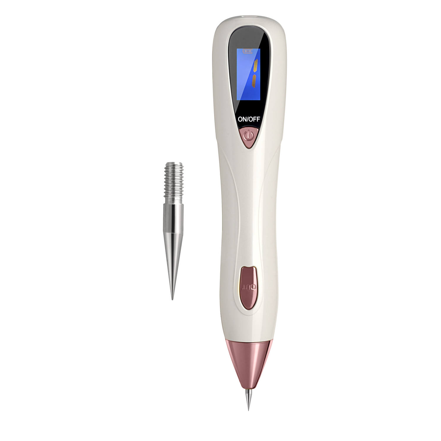 Weißer und roségoldener Hautmalentferner-Stift mit Display und silberner Spitze.