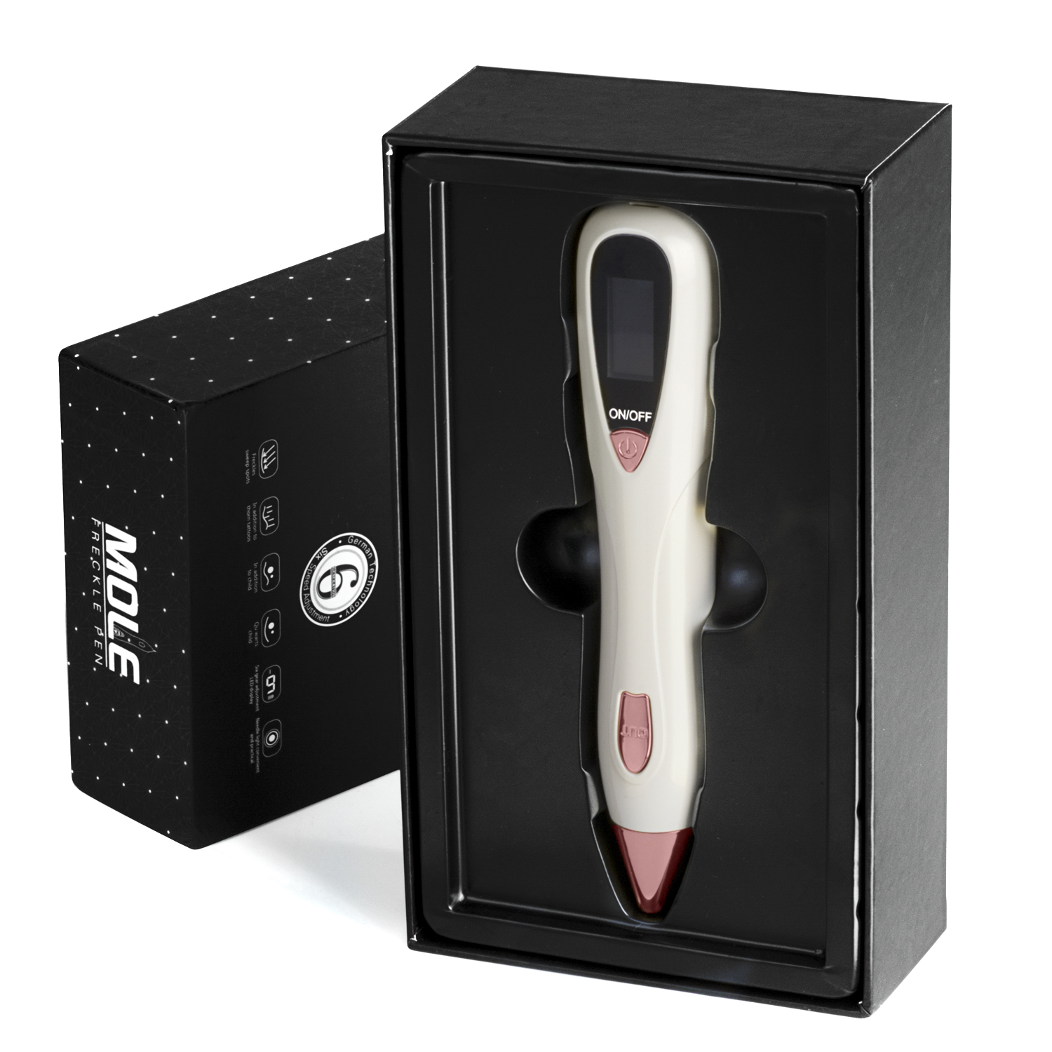 Muttermal-Freckle-Stift in einer Schachtel, neben einer geöffneten Schachtel mit Anweisungen.