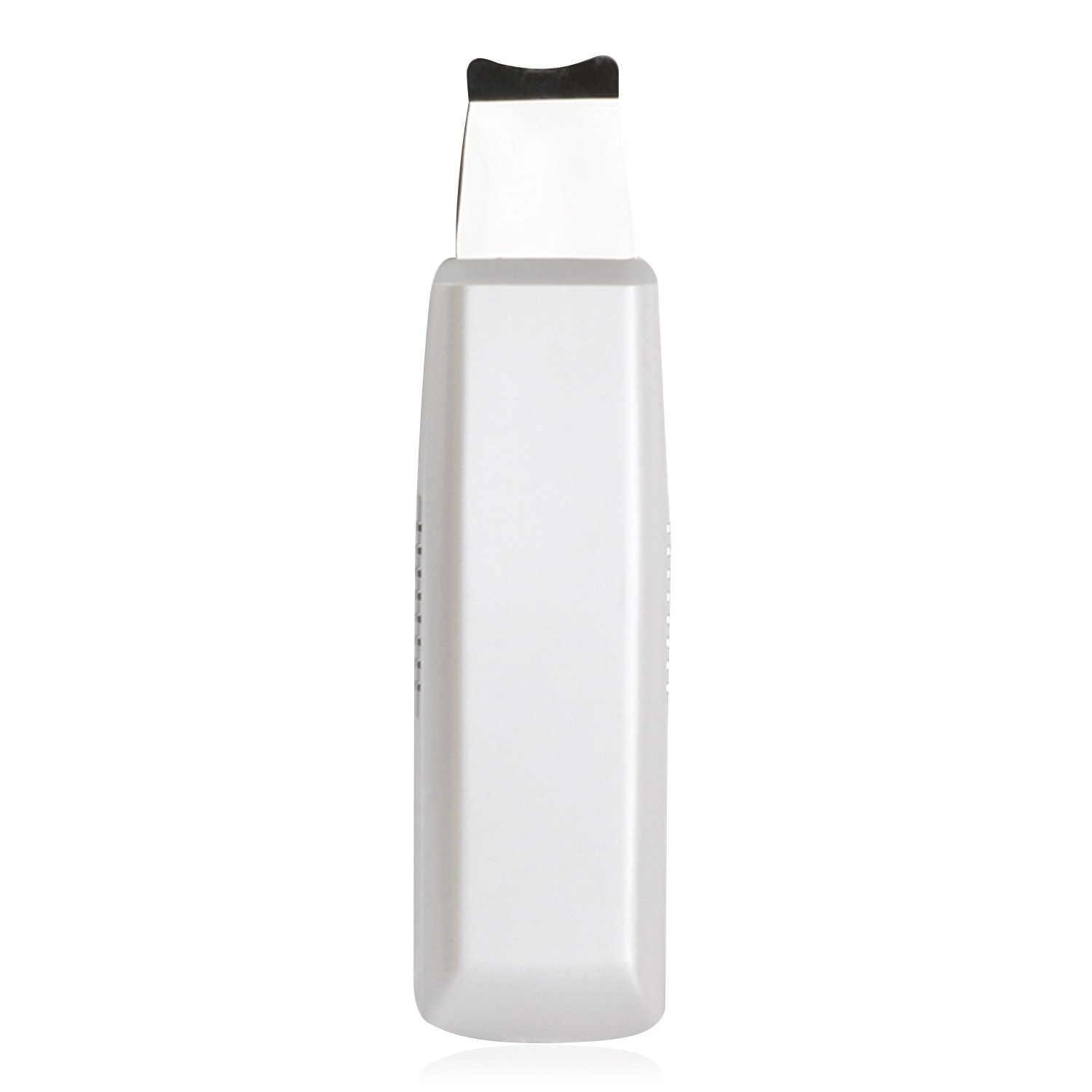 Un pulitore per la pelle a ultrasuoni bianco. Il dispositivo ha una forma rettangolare e una lama nera.