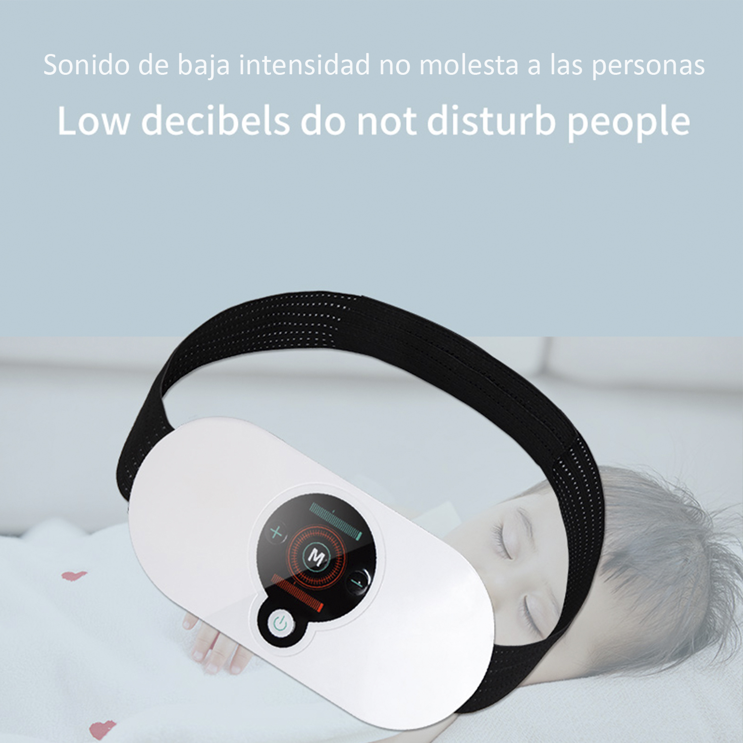 Persona usando un masajeador ocular blanco. Texto: Bajos decibelios no molestan.