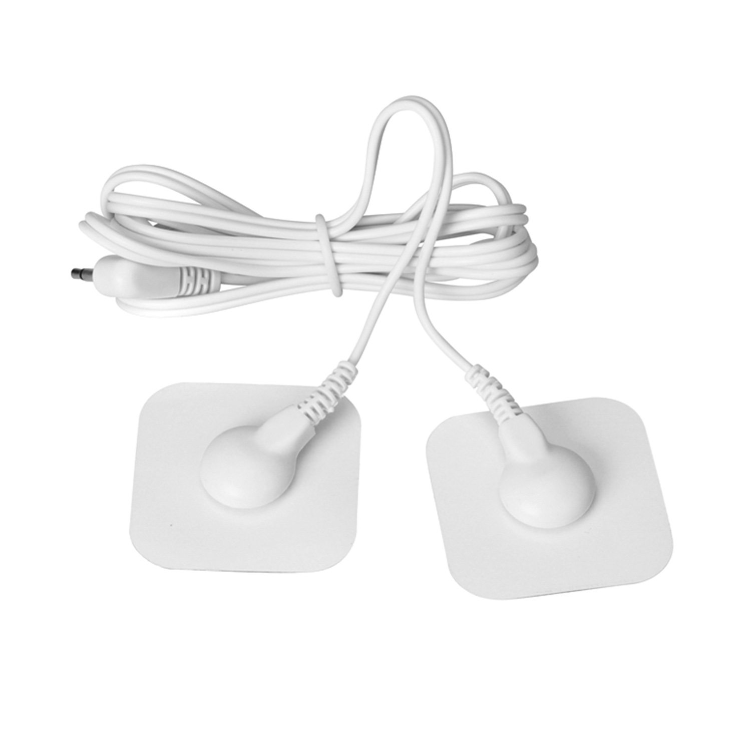 Zwei weiße, quadratische Elektrodenpads, die durch einen weißen Draht mit einem schwarzen Stecker verbunden sind.