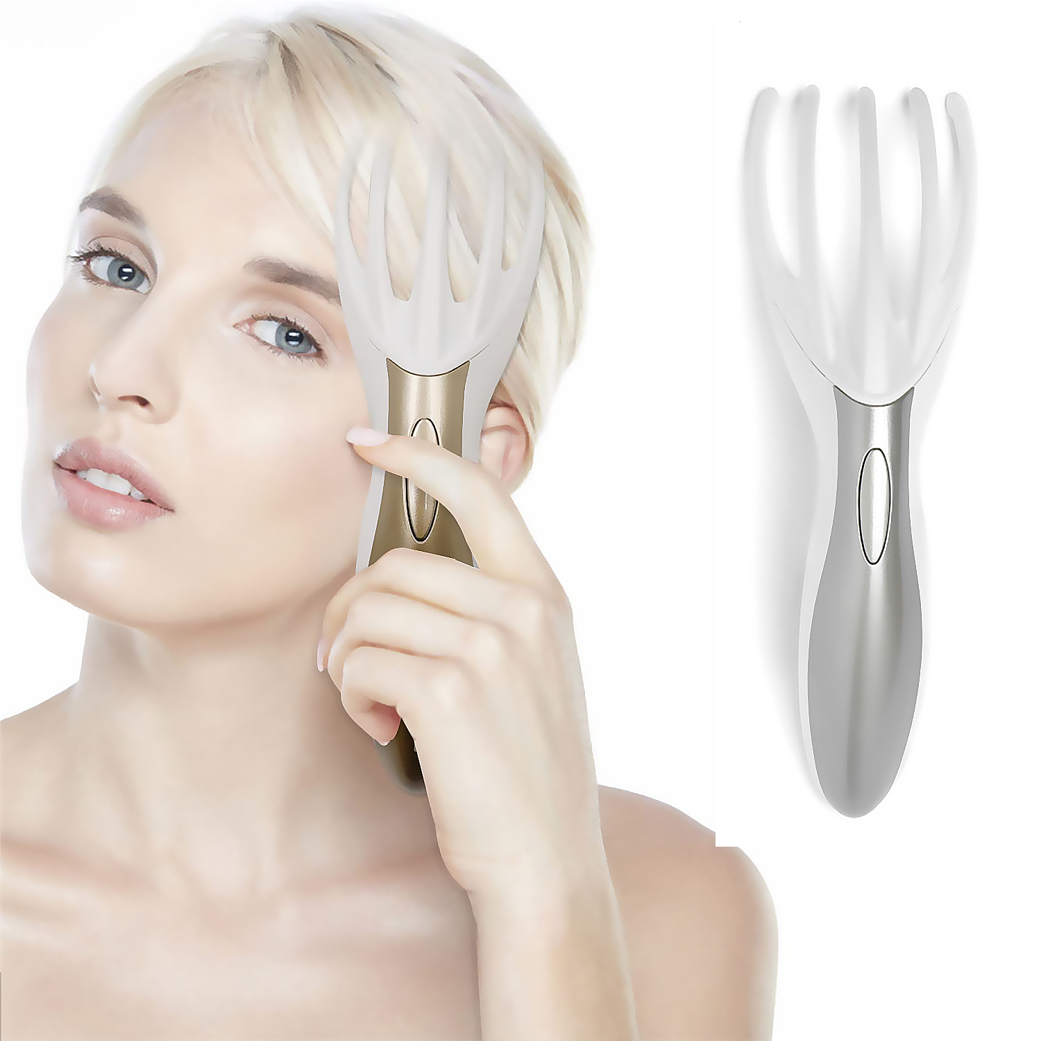 Frau benutzt ein weißes Kopfhautmassagegerät. Ein weiteres Massagegerät ist rechts sichtbar.