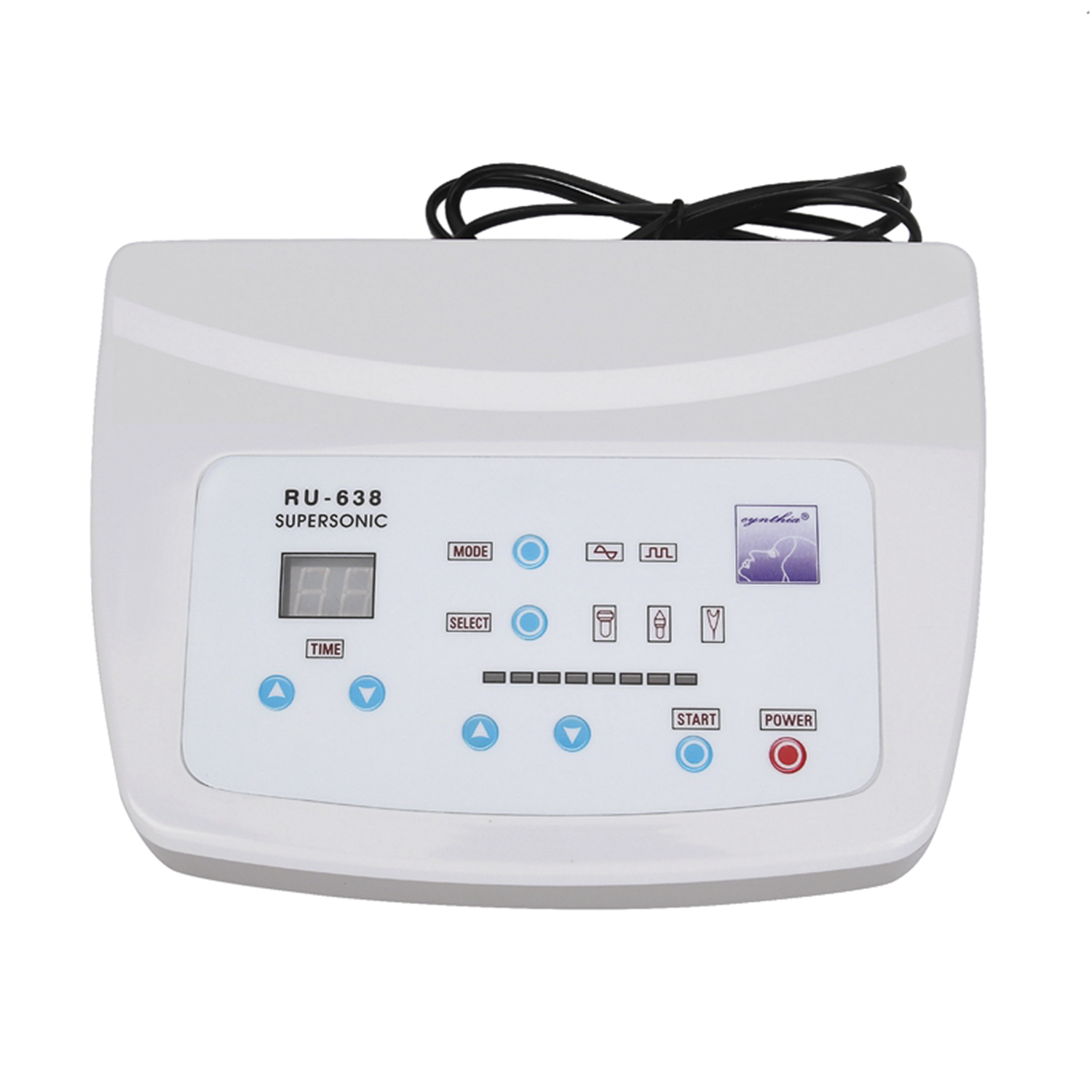 Un dispositivo medico bianco con pannello di controllo, inclusi pulsanti e display digitale.