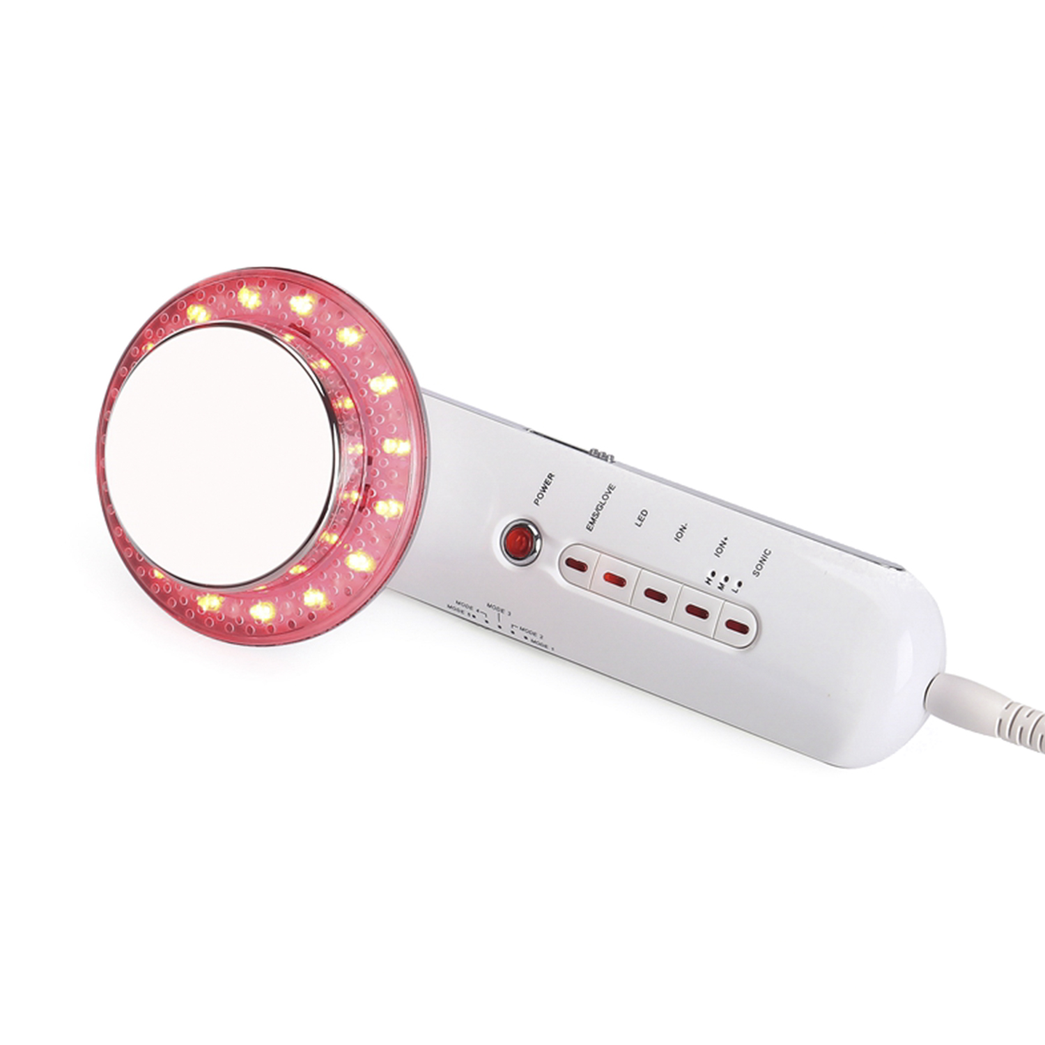 Dispositivo portátil blanco con anillo de luz rojo. Varios botones. Cable adjunto. Fondo blanco.