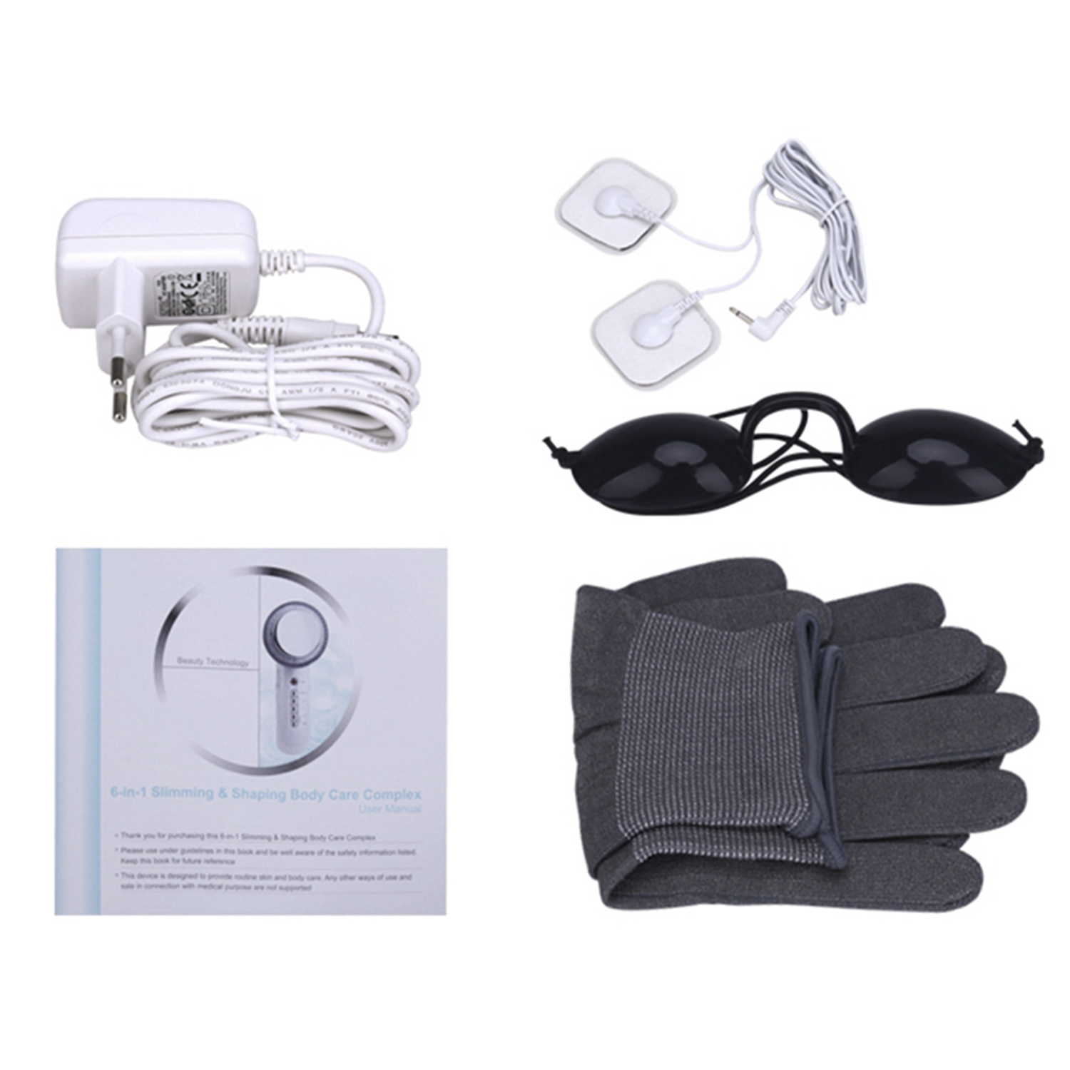 Varios accesorios de salud y belleza, incluyendo almohadillas, guantes y un dispositivo de belleza.