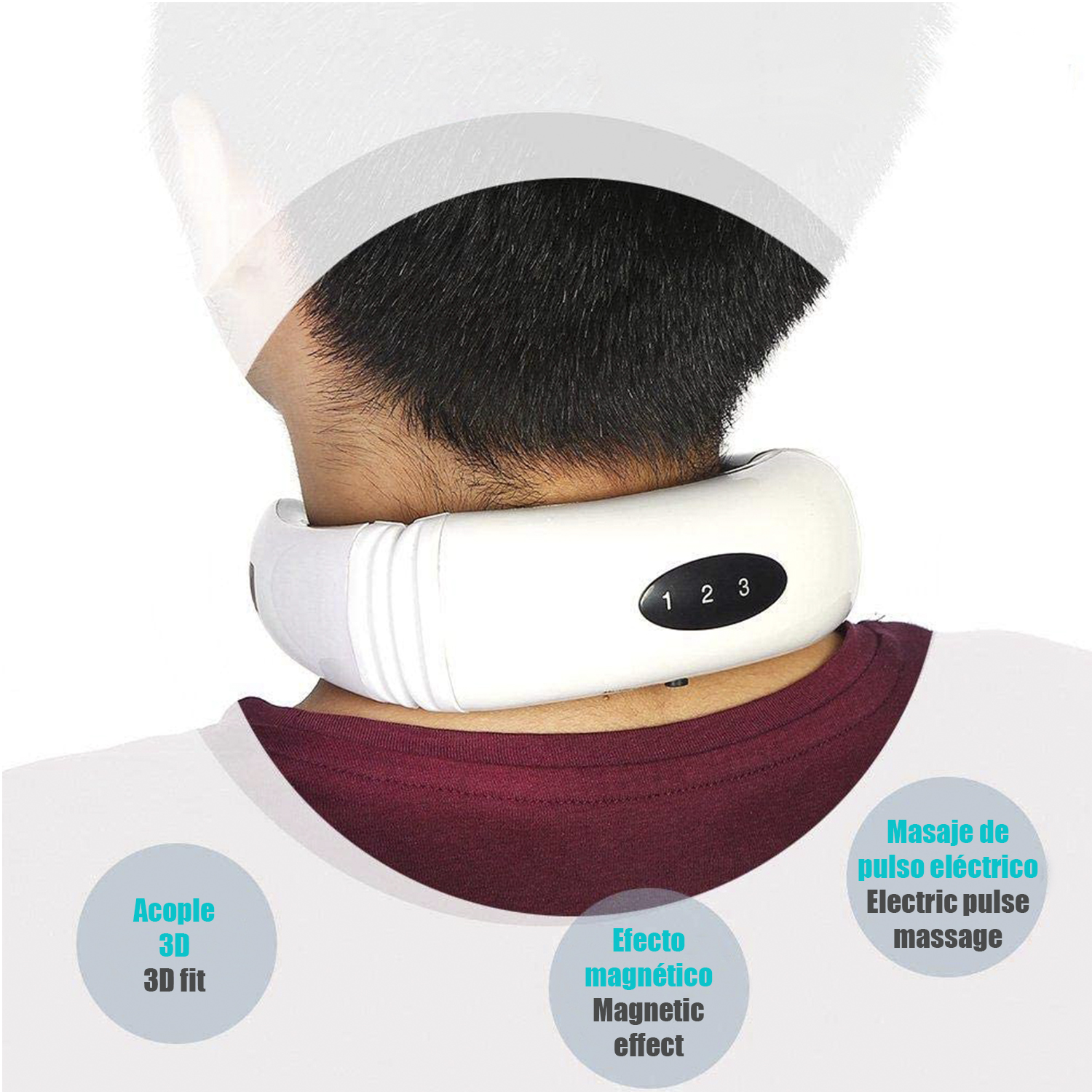 Un massaggiatore per il collo bianco è sul collo di una persona. Il massaggiatore ha tre pulsanti con i numeri 1, 2, 3.