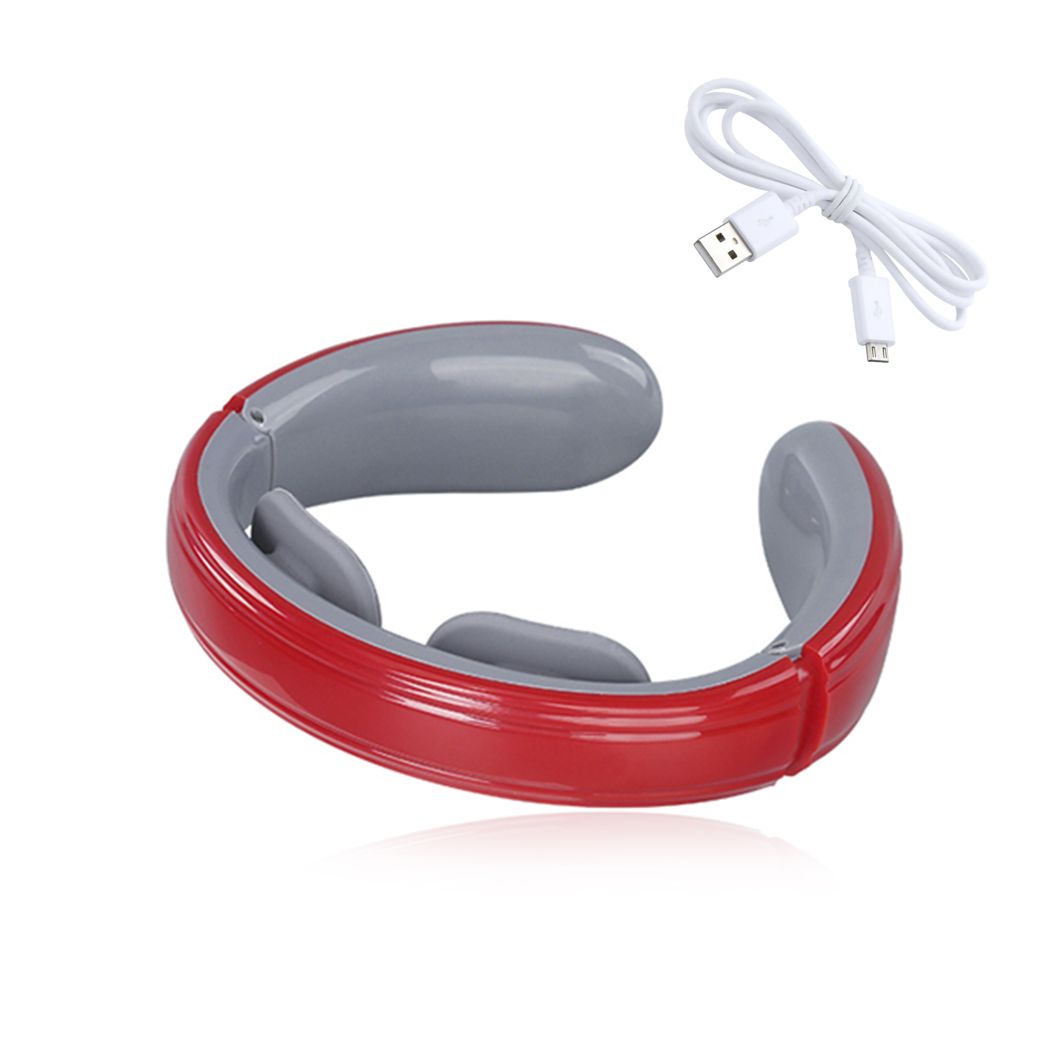 Masajeador de cuello rojo y gris con un cable de carga.