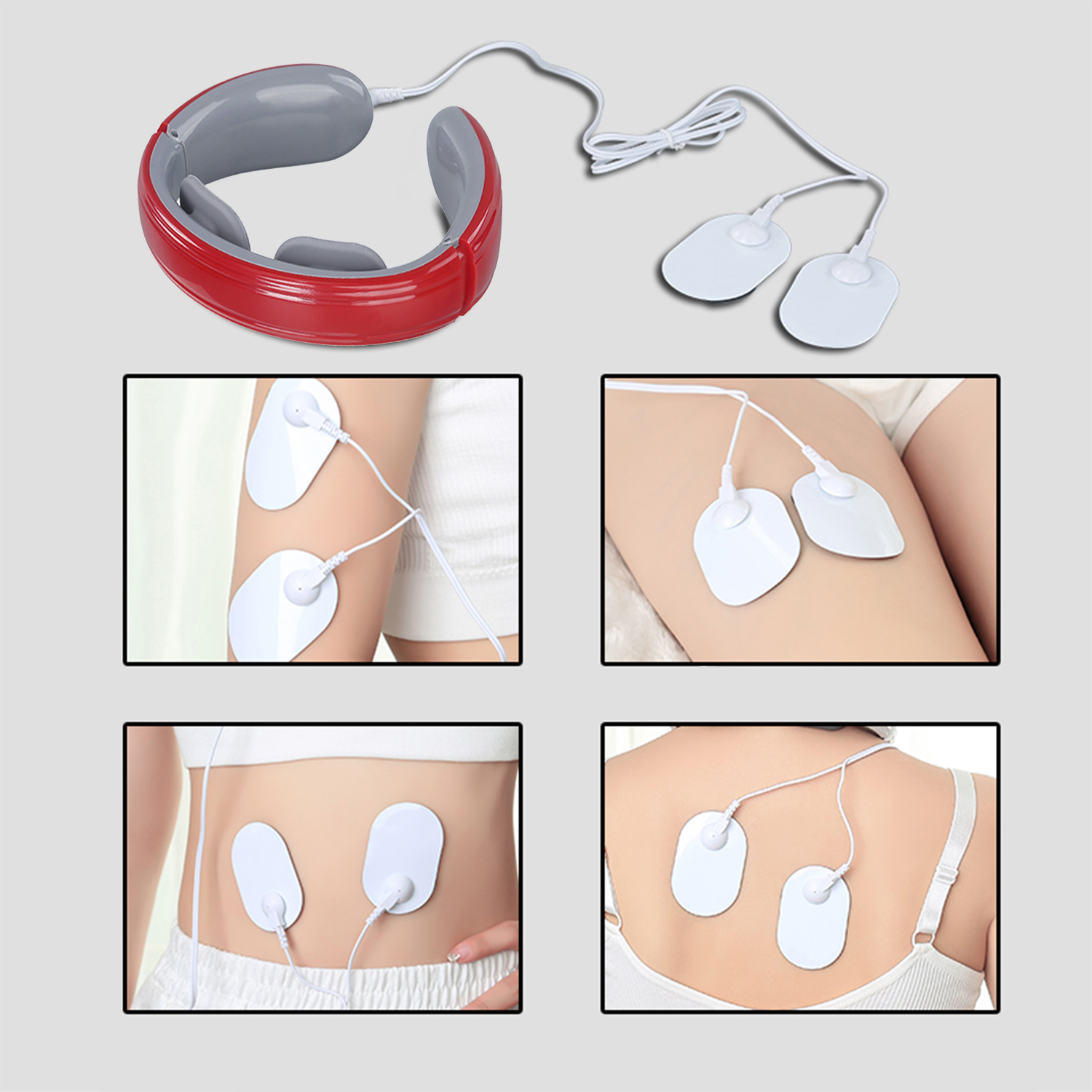 Dispositivo EMS rojo y gris con almohadillas en el cuerpo. Conjunto de cuatro imágenes.