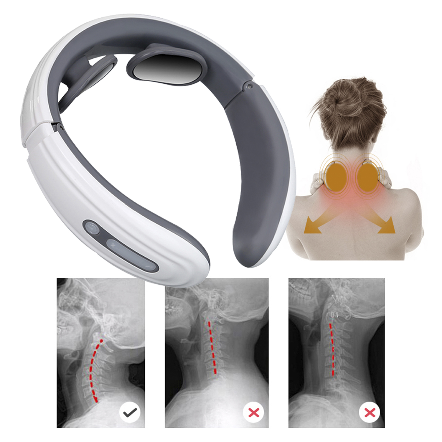 Un masajeador de cuello con un diagrama de huesos del cuello que muestra la postura y los puntos de dolor.