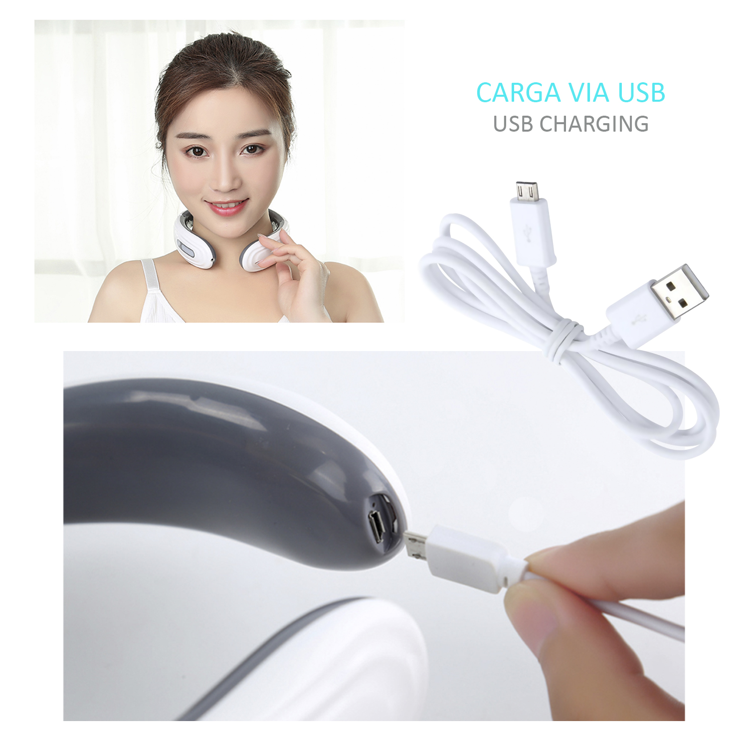 Mujer usando un masajeador de cuello, con un cable de carga USB. También hay un primer plano del puerto de carga.