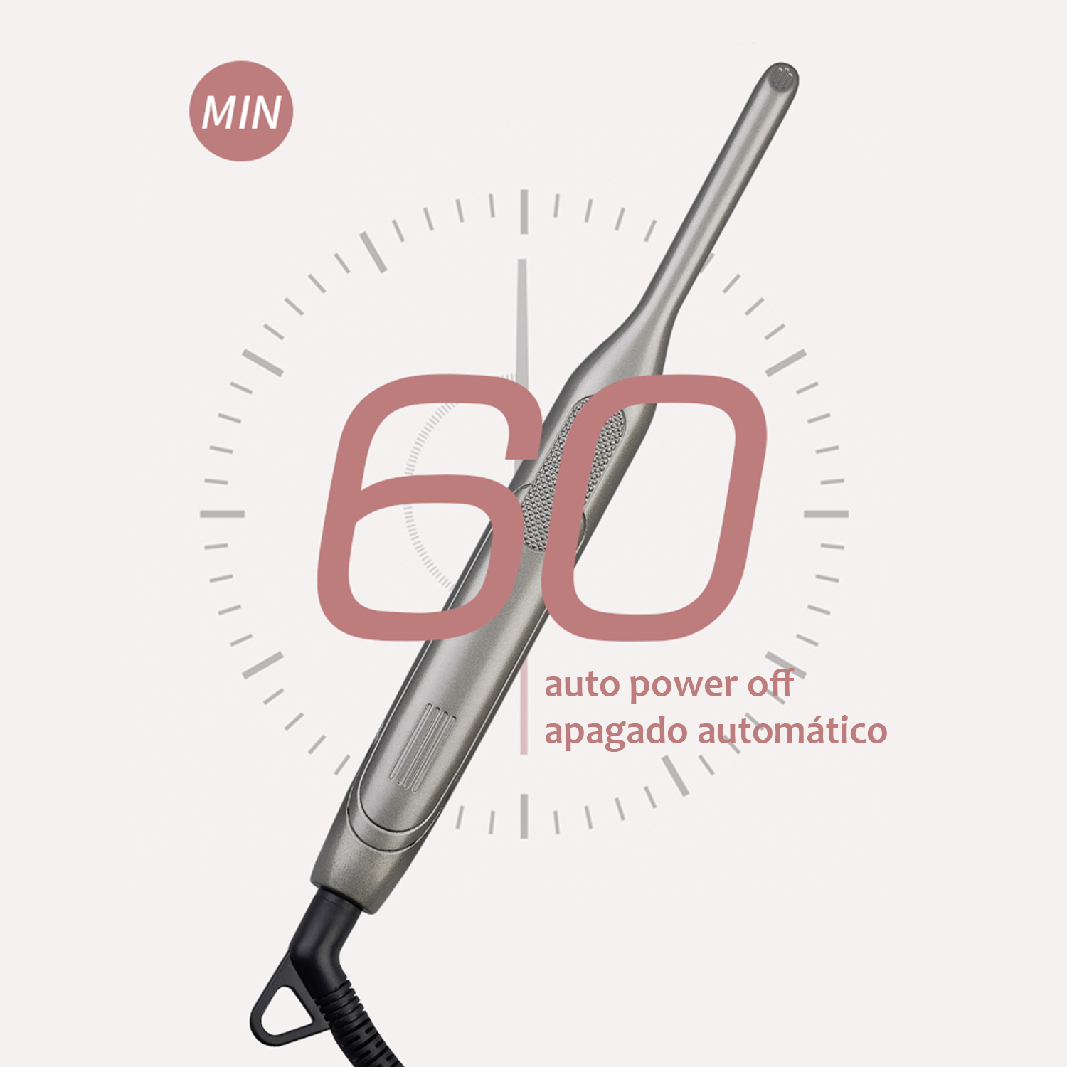 Uno strumento per lo styling dei capelli argento. Un timer sullo sfondo, con il numero 60.